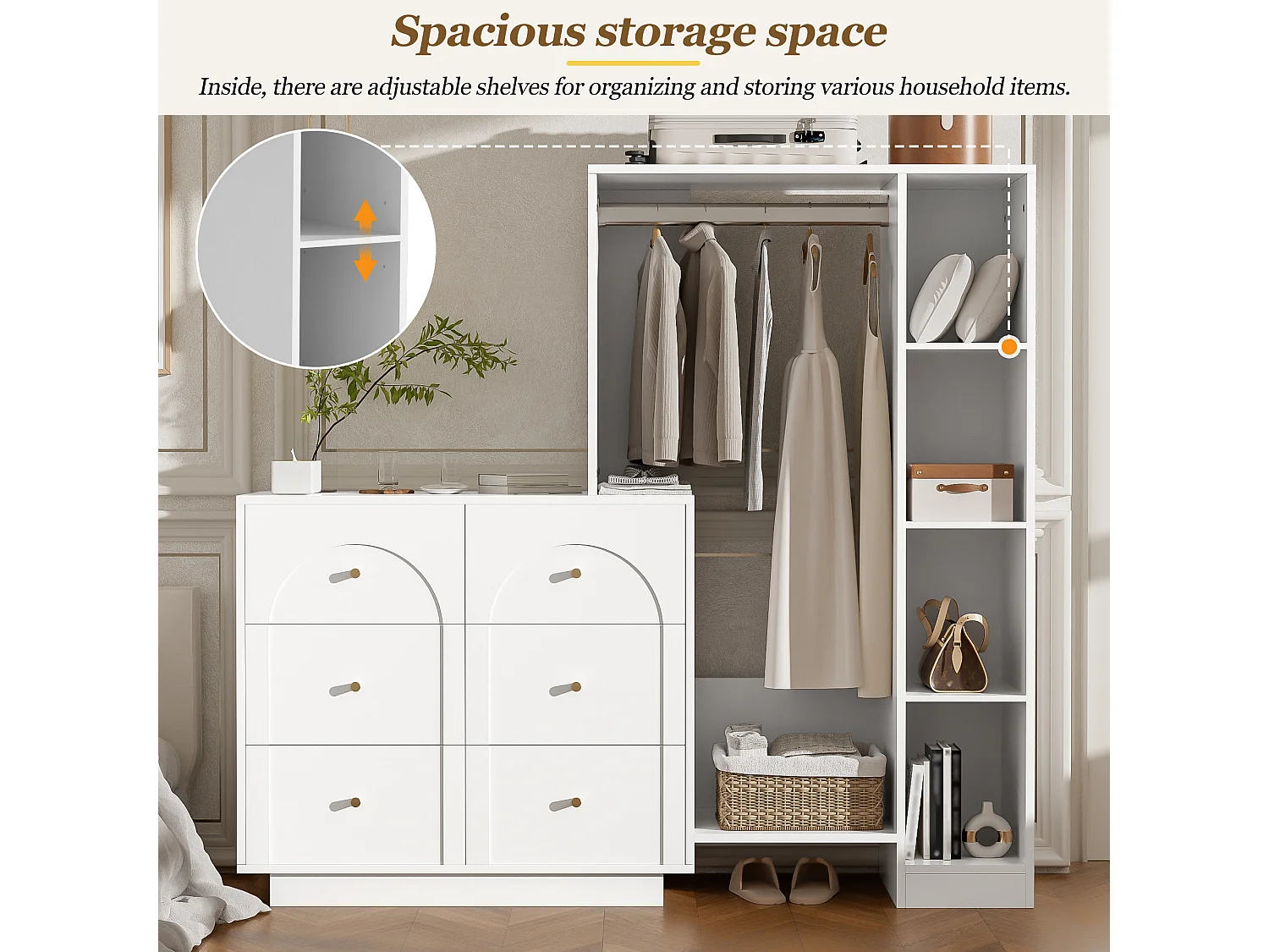Guarda-roupa aberto com cabideiro, 6 gavetas e prateleiras laterais - Aglomerado - 139 x 35 x 133 cm - Branco