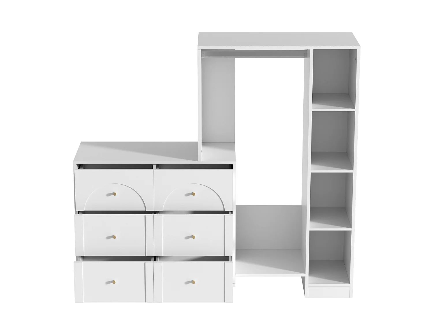 Guarda-roupa aberto com cabideiro, 6 gavetas e prateleiras laterais - Aglomerado - 139 x 35 x 133 cm - Branco