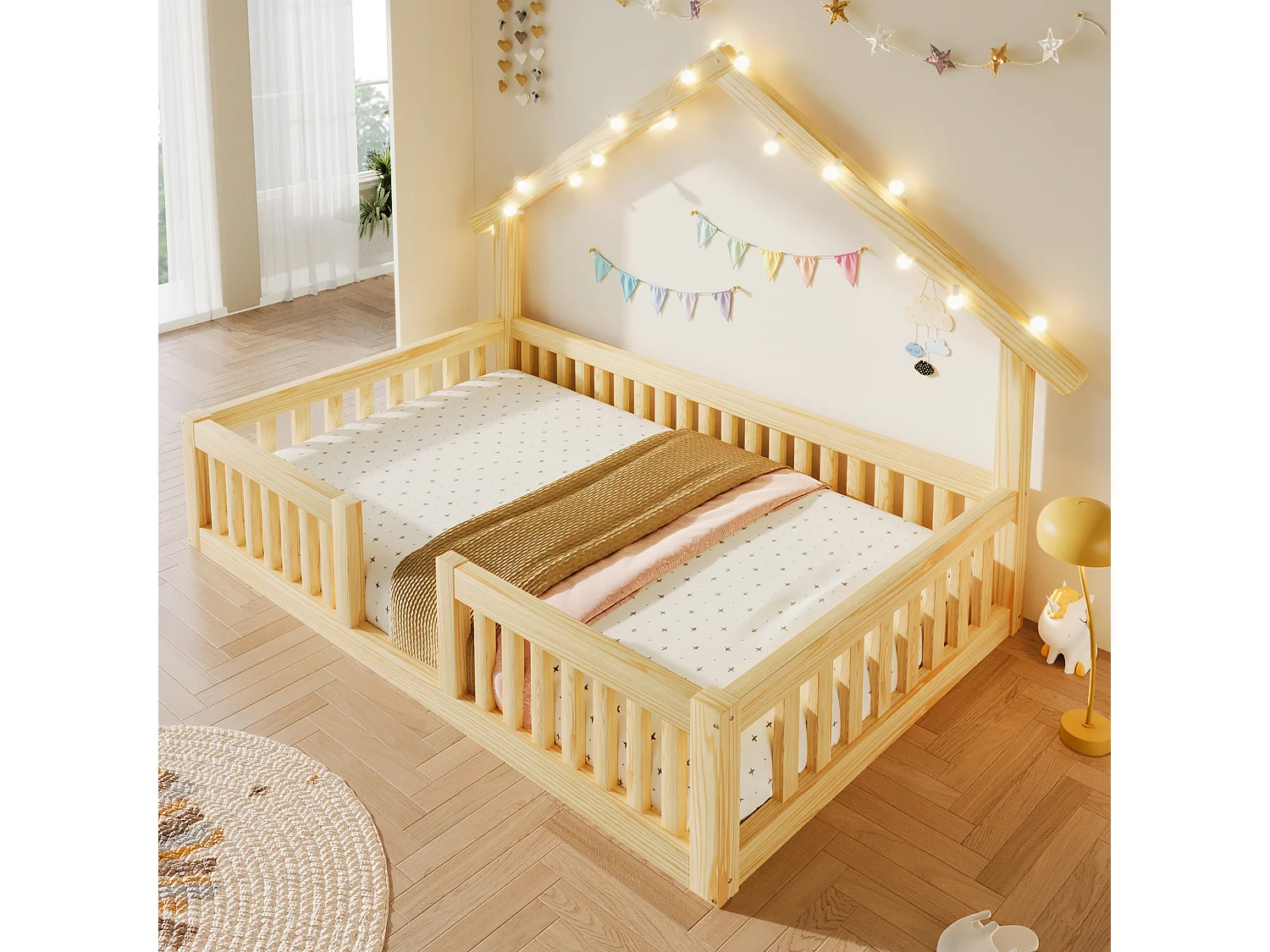 Hochbett 90 x 200 cm mit Sicherheitsgeländer und LED-Lichterkette - MDF + Kiefer - Natur (Matratze nicht enthalten)