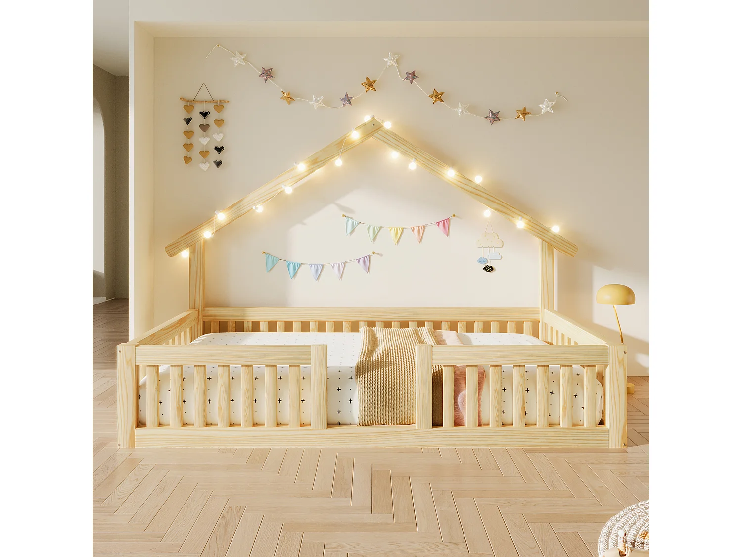 Hochbett 90 x 200 cm mit Sicherheitsgeländer und LED-Lichterkette - MDF + Kiefer - Natur (Matratze nicht enthalten)