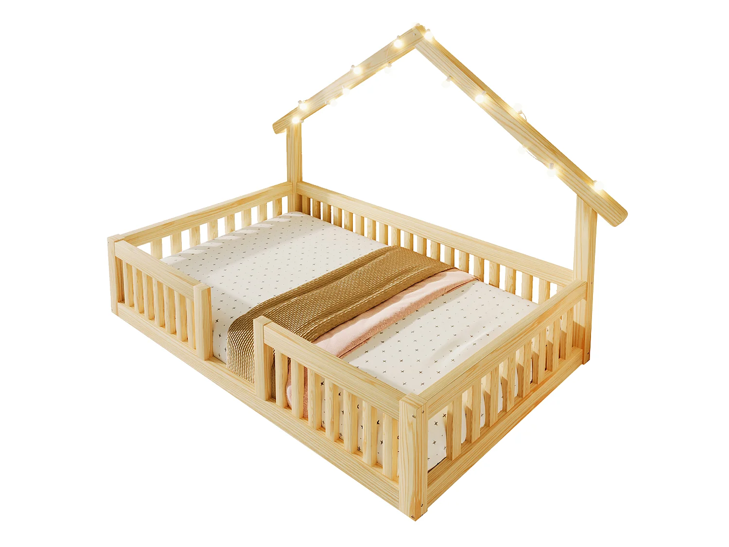 Hochbett 90 x 200 cm mit Sicherheitsgeländer und LED-Lichterkette - MDF + Kiefer - Natur (Matratze nicht enthalten)