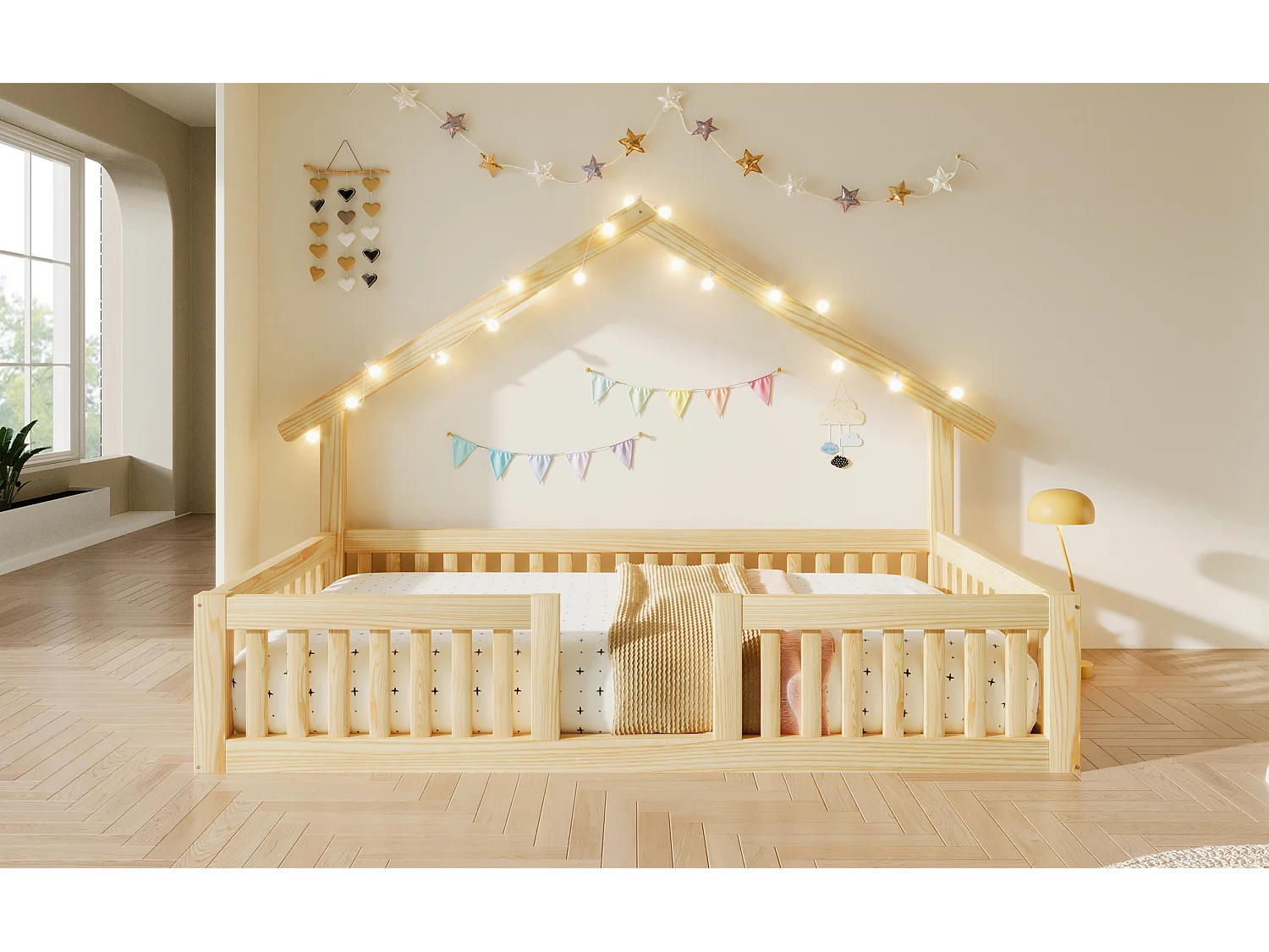 Hochbett 90 x 200 cm mit Sicherheitsgeländer und LED-Lichterkette - MDF + Kiefer - Natur (Matratze nicht enthalten)