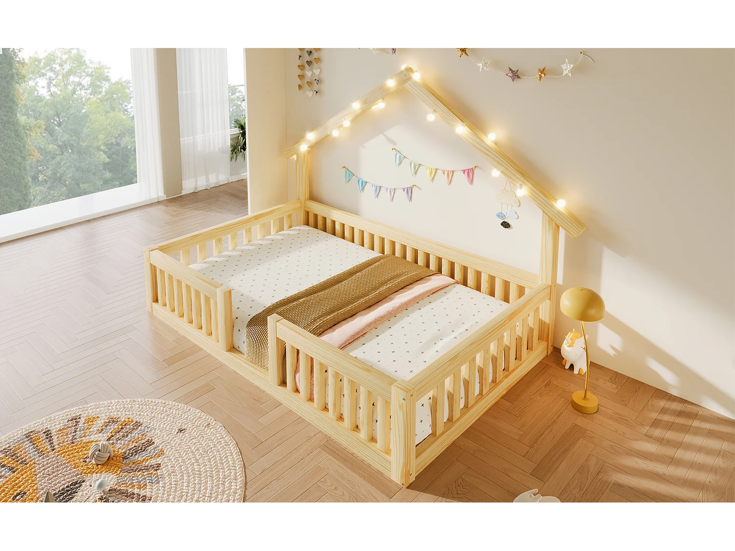 Hochbett 90 x 200 cm mit Sicherheitsgeländer und LED-Lichterkette - MDF + Kiefer - Natur (Matratze nicht enthalten)