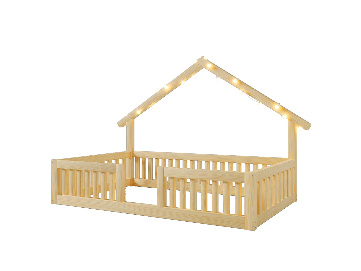 Hochbett 90 x 200 cm mit Sicherheitsgeländer und LED-Lichterkette - MDF + Kiefer - Natur (Matratze nicht enthalten)