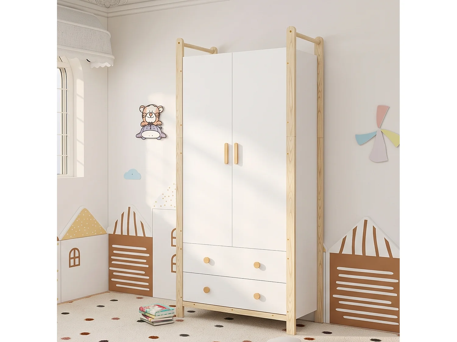 2-door wardrobe with hanging rail, shelf and 2 drawers - Solid wood and MDF - 90 x 45 x 180 cm - White and natural wood