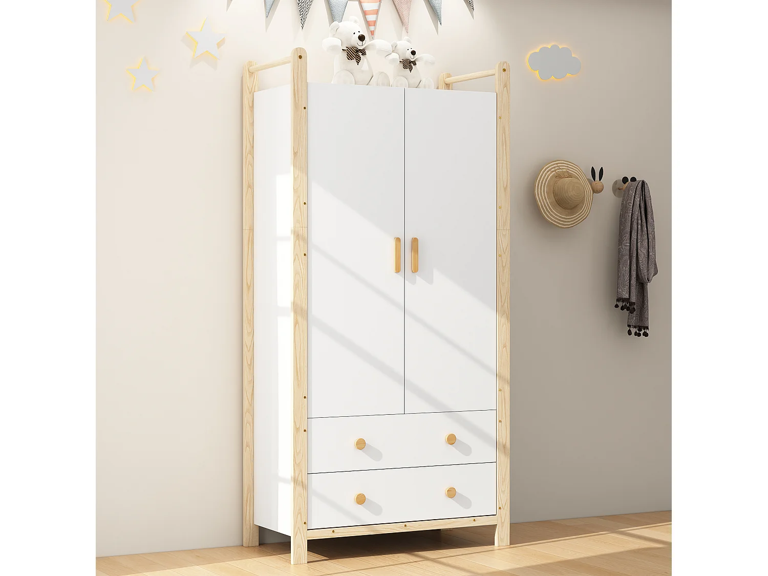 2-door wardrobe with hanging rail, shelf and 2 drawers - Solid wood and MDF - 90 x 45 x 180 cm - White and natural wood