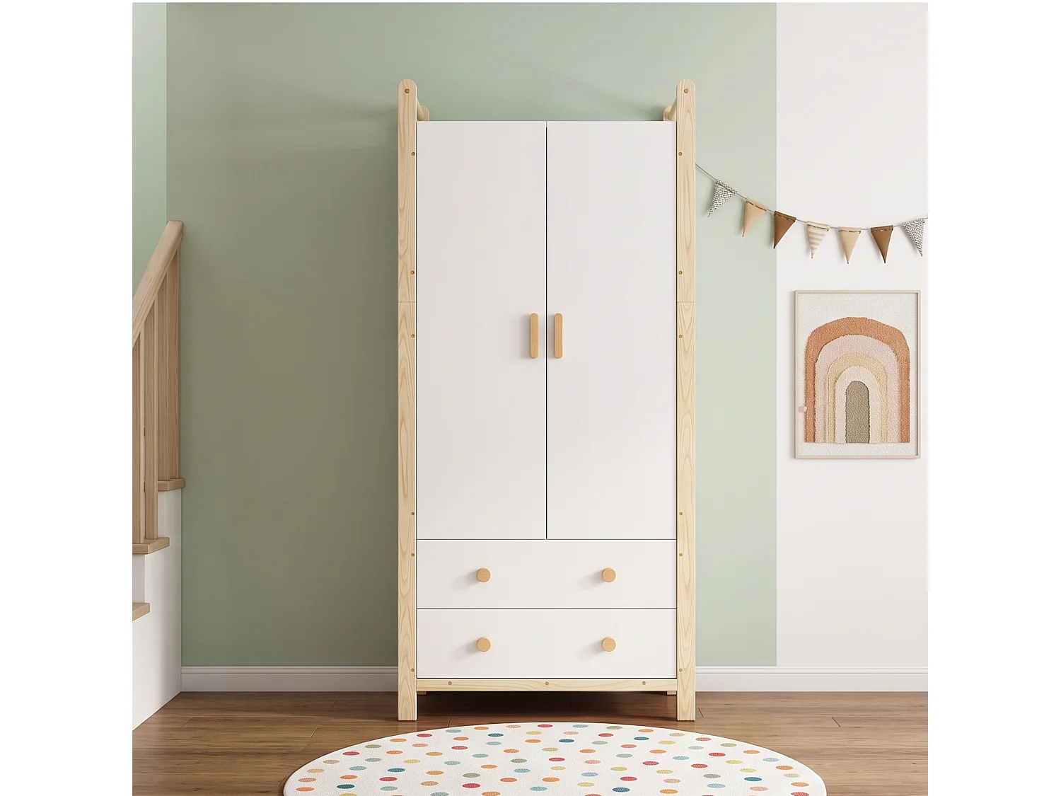 2-door wardrobe with hanging rail, shelf and 2 drawers - Solid wood and MDF - 90 x 45 x 180 cm - White and natural wood