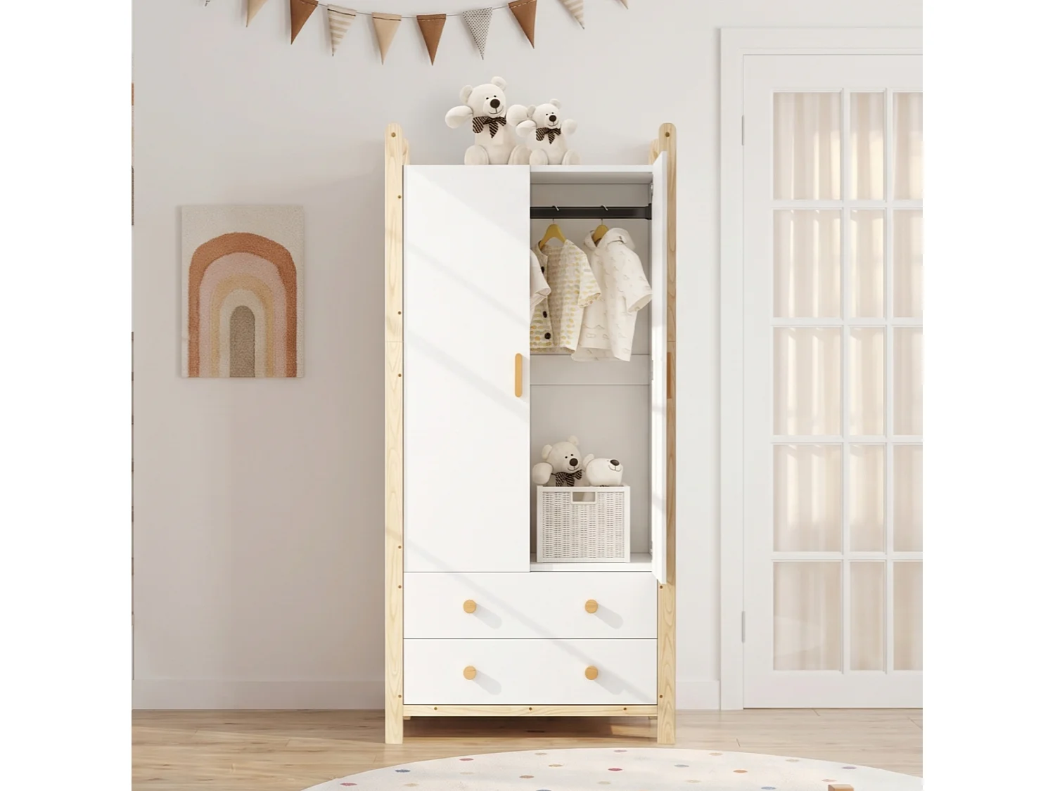 2-door wardrobe with hanging rail, shelf and 2 drawers - Solid wood and MDF - 90 x 45 x 180 cm - White and natural wood