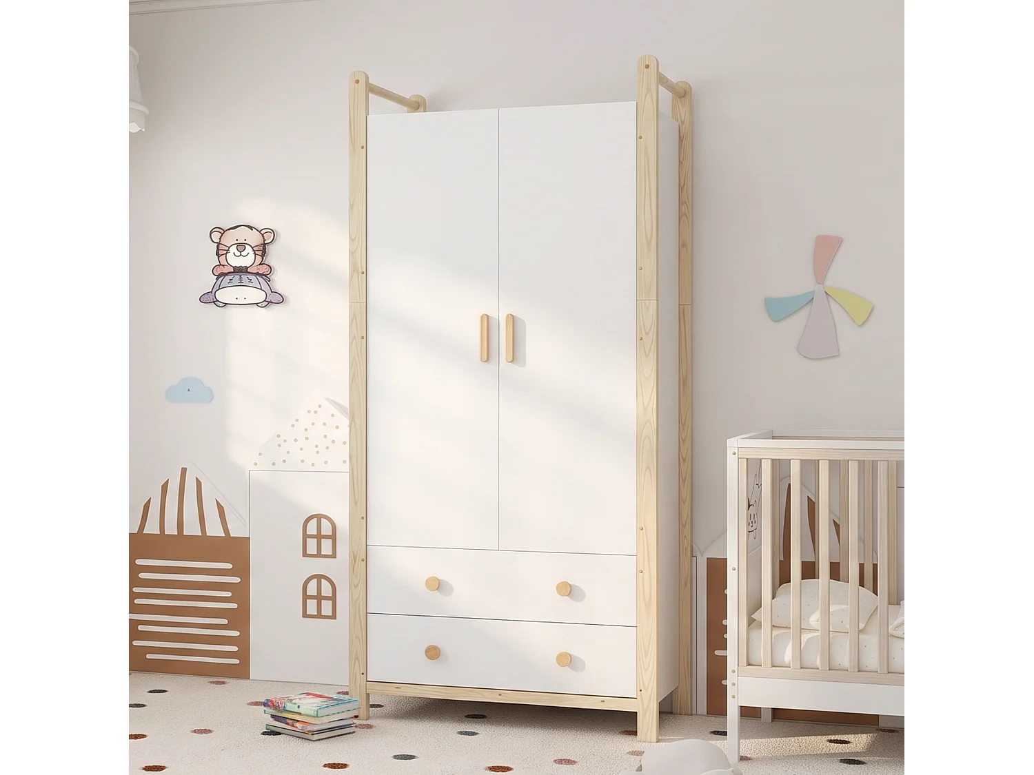 2-door wardrobe with hanging rail, shelf and 2 drawers - Solid wood and MDF - 90 x 45 x 180 cm - White and natural wood