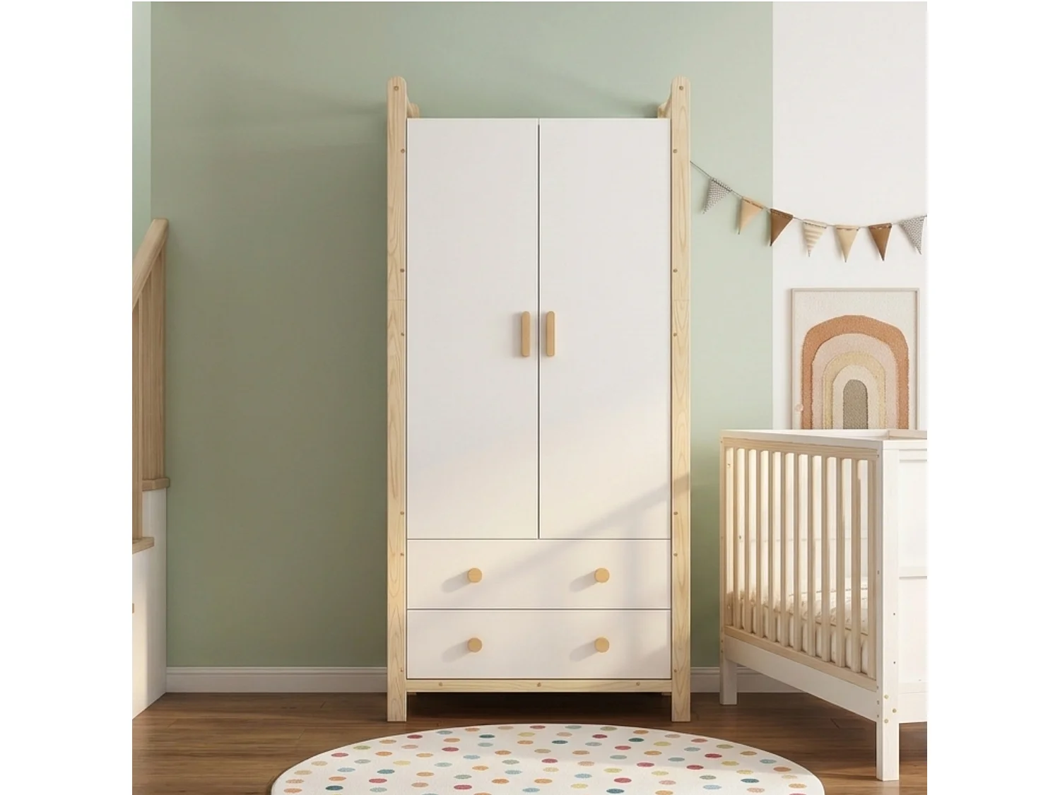 2-door wardrobe with hanging rail, shelf and 2 drawers - Solid wood and MDF - 90 x 45 x 180 cm - White and natural wood