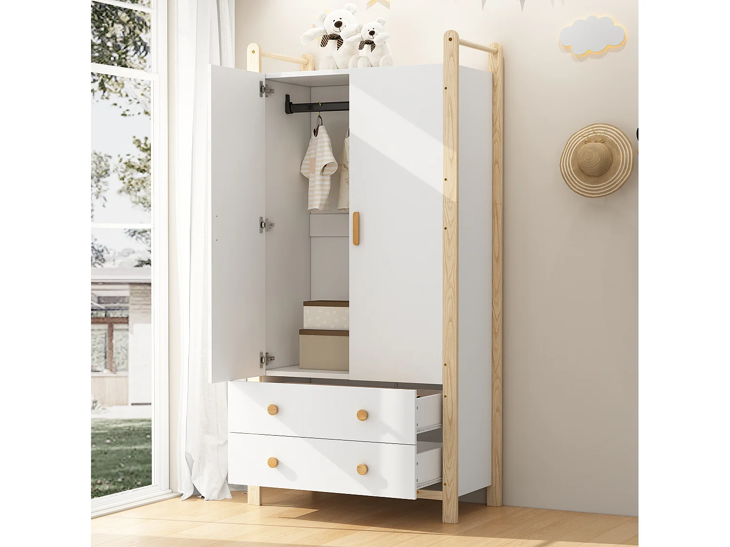 2-door wardrobe with hanging rail, shelf and 2 drawers - Solid wood and MDF - 90 x 45 x 180 cm - White and natural wood