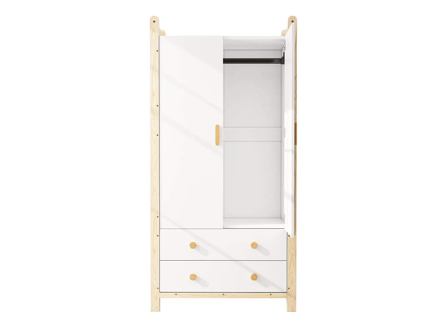 2-door wardrobe with hanging rail, shelf and 2 drawers - Solid wood and MDF - 90 x 45 x 180 cm - White and natural wood