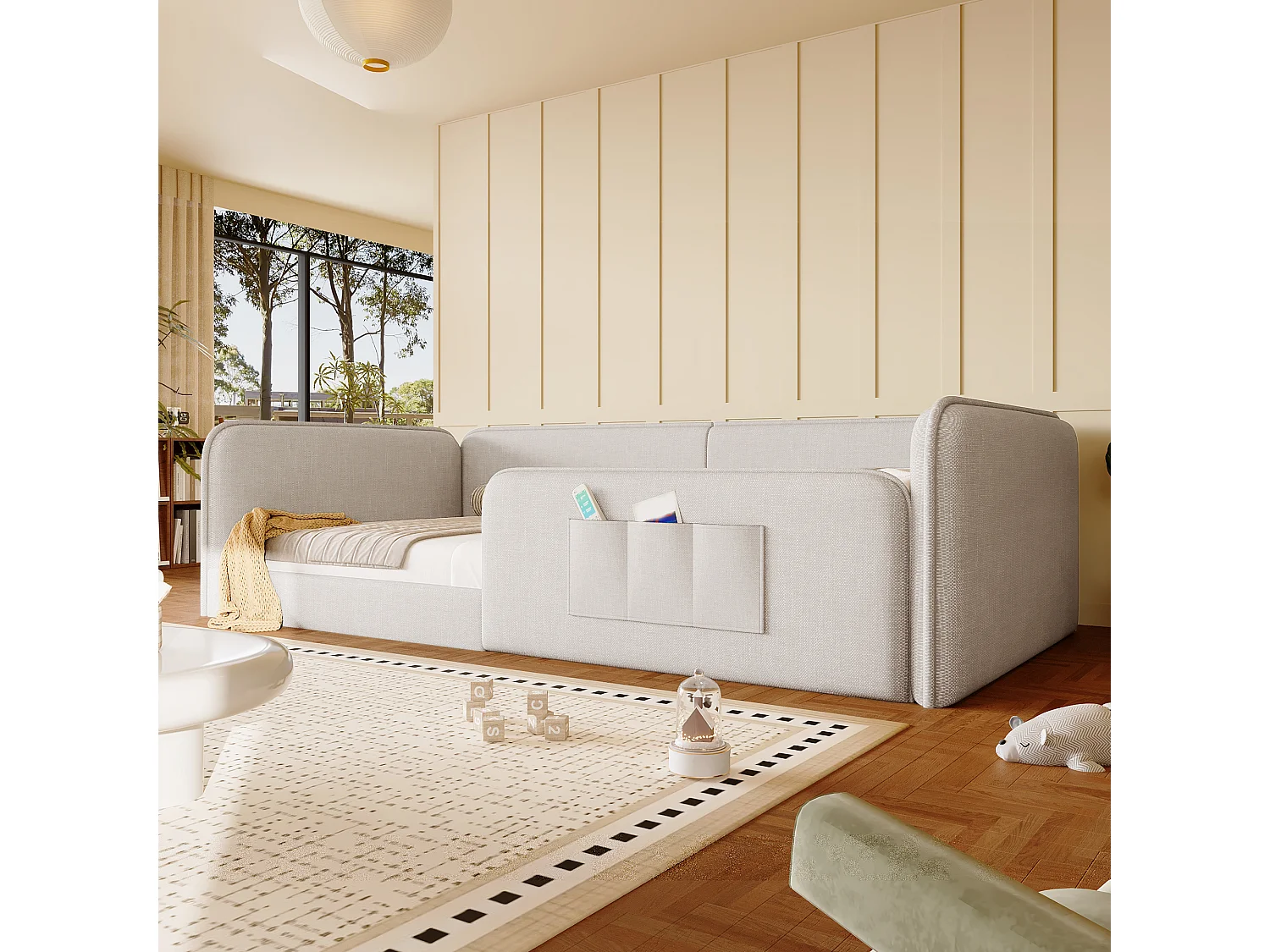 Klädd säng 90 x 200 cm med sidofickor, vadderad stomme och linneöverdrag - MDF + Linne - Beige (Madrass ingår ej)
