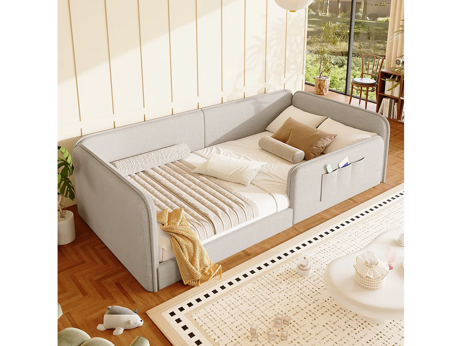 Klädd säng 90 x 200 cm med sidofickor, vadderad stomme och linneöverdrag - MDF + Linne - Beige (Madrass ingår ej)