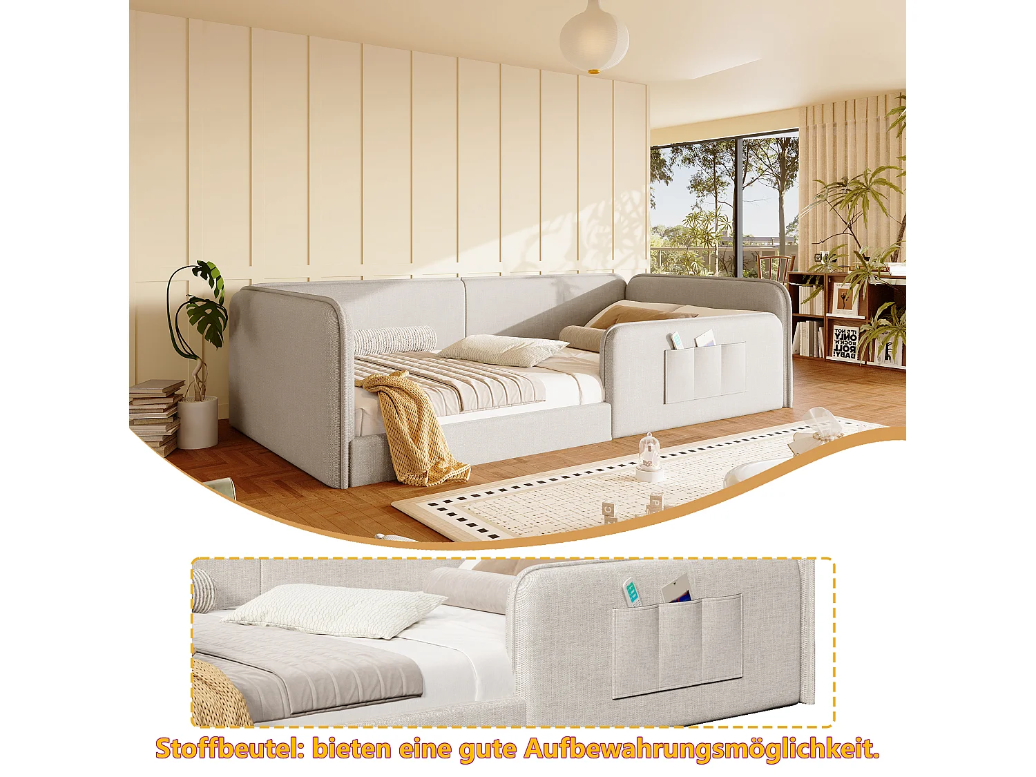 Klädd säng 90 x 200 cm med sidofickor, vadderad stomme och linneöverdrag - MDF + Linne - Beige (Madrass ingår ej)