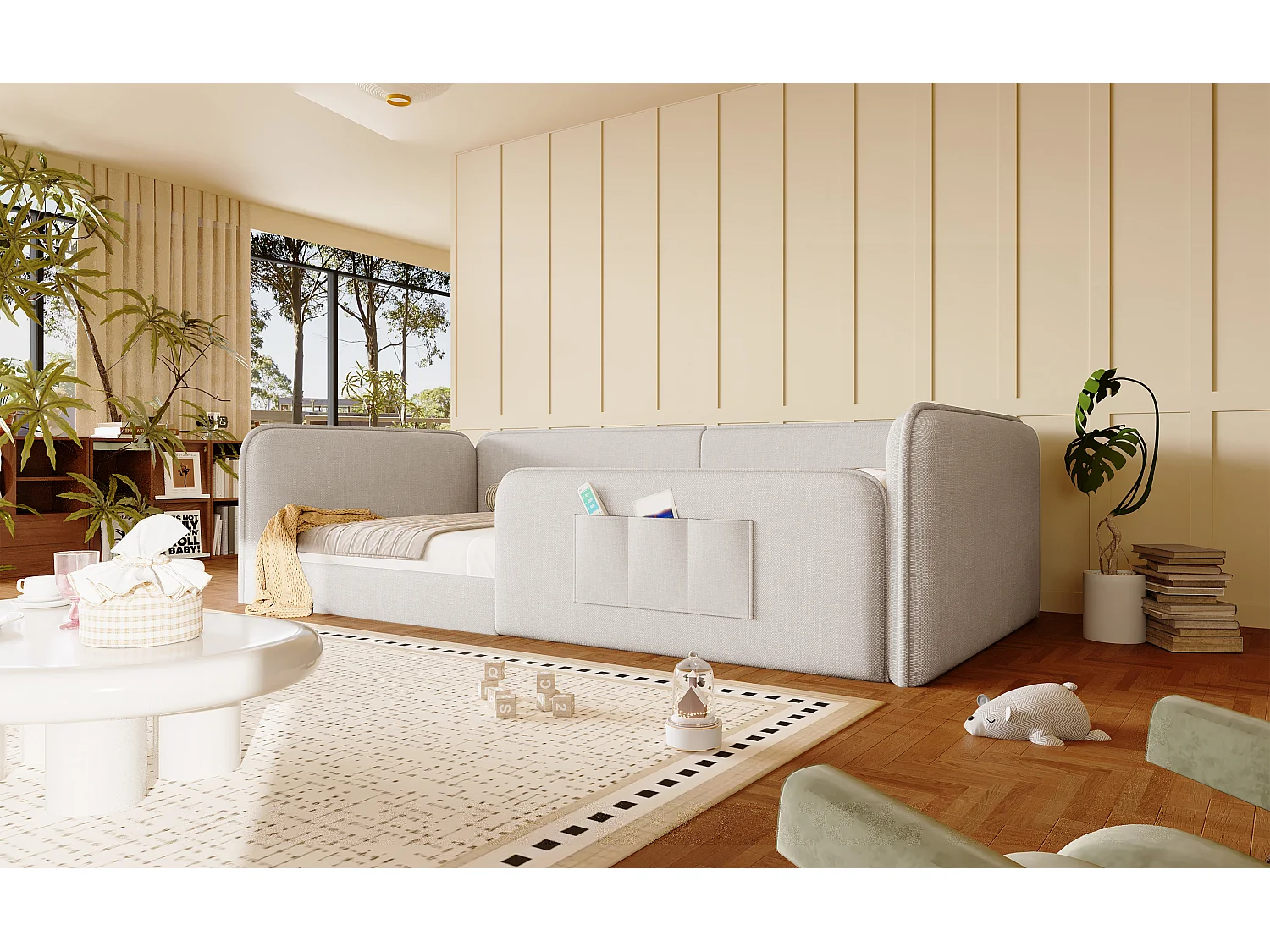 Klädd säng 90 x 200 cm med sidofickor, vadderad stomme och linneöverdrag - MDF + Linne - Beige (Madrass ingår ej)