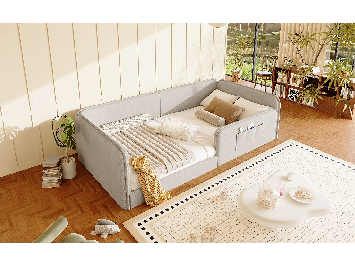Klädd säng 90 x 200 cm med sidofickor, vadderad stomme och linneöverdrag - MDF + Linne - Beige (Madrass ingår ej)