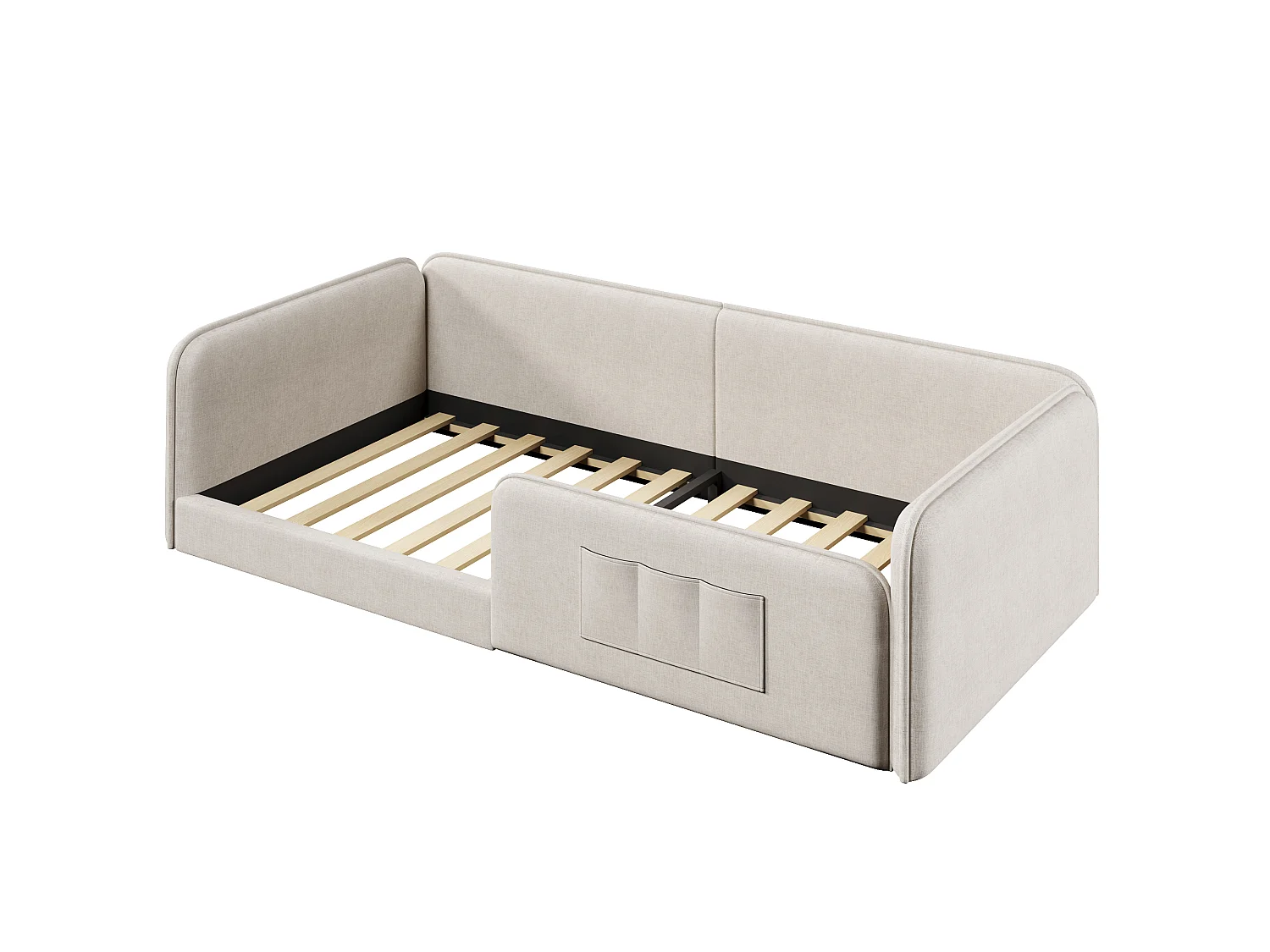 Klädd säng 90 x 200 cm med sidofickor, vadderad stomme och linneöverdrag - MDF + Linne - Beige (Madrass ingår ej)