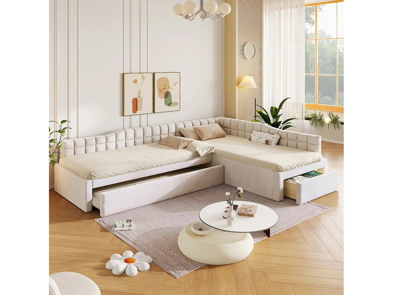 Klädd hörnsäng 90 x 200 cm med 2 sovplatser, utdragbar säng, 1 låda - MDF + Flanell - Beige (Madrass ingår ej)