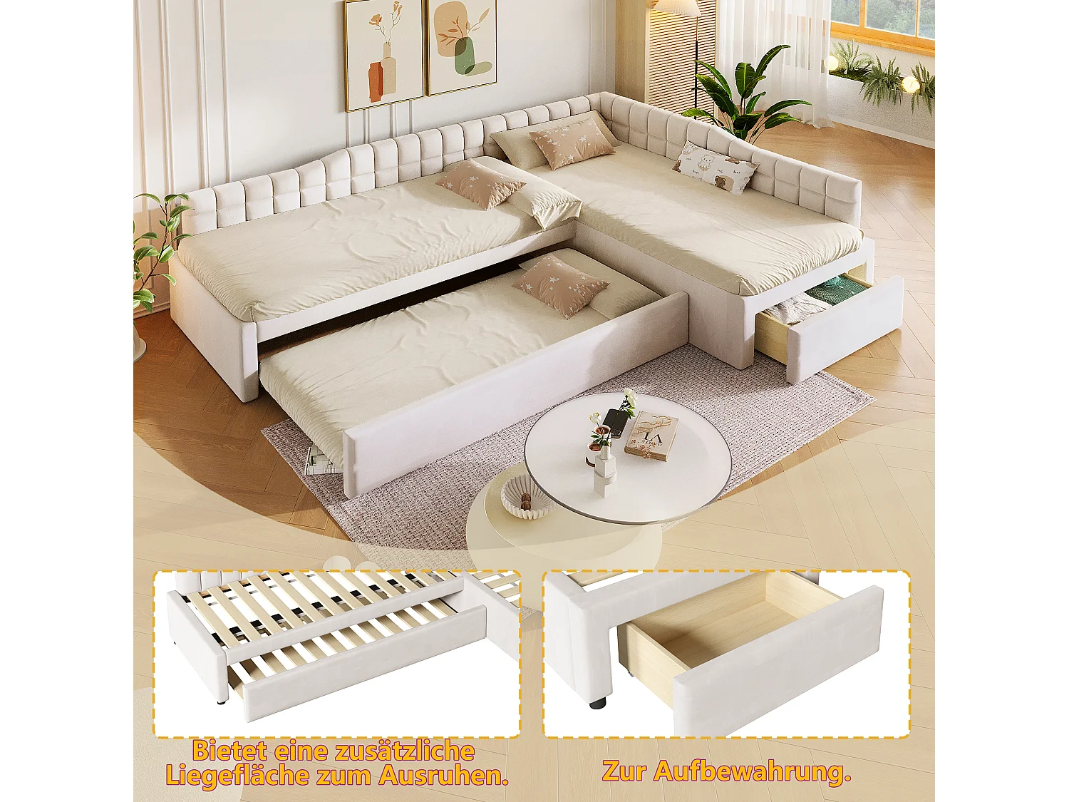 Klädd hörnsäng 90 x 200 cm med 2 sovplatser, utdragbar säng, 1 låda - MDF + Flanell - Beige (Madrass ingår ej)