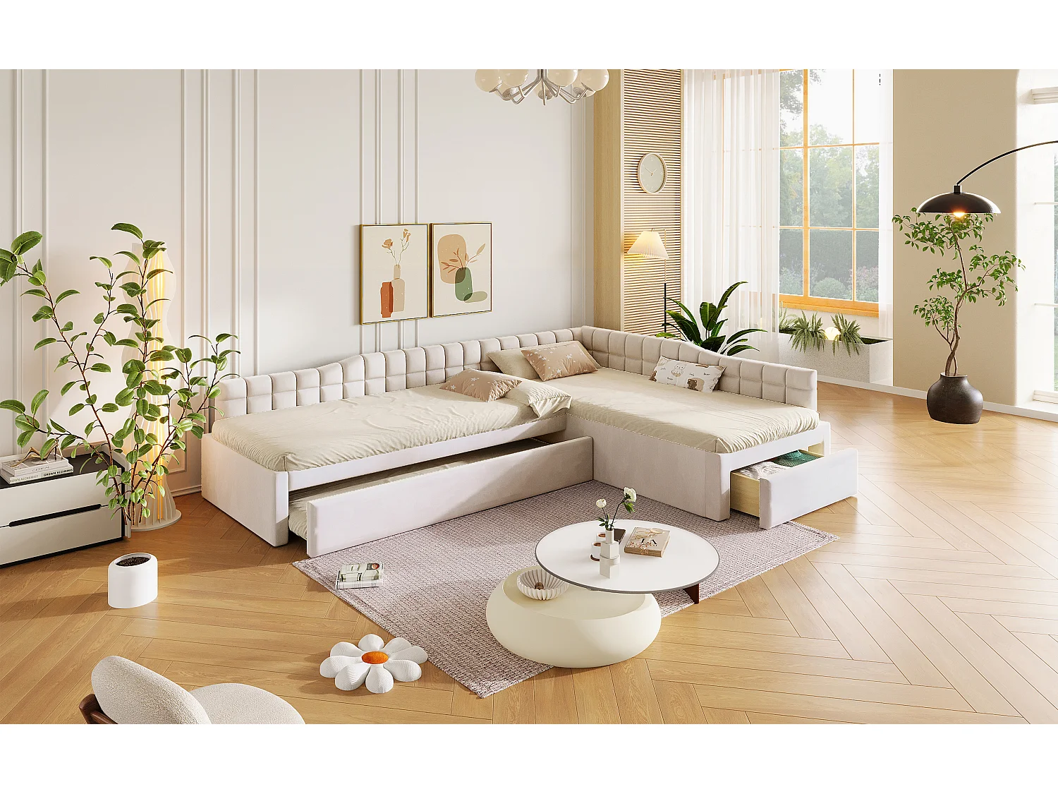 Klädd hörnsäng 90 x 200 cm med 2 sovplatser, utdragbar säng, 1 låda - MDF + Flanell - Beige (Madrass ingår ej)