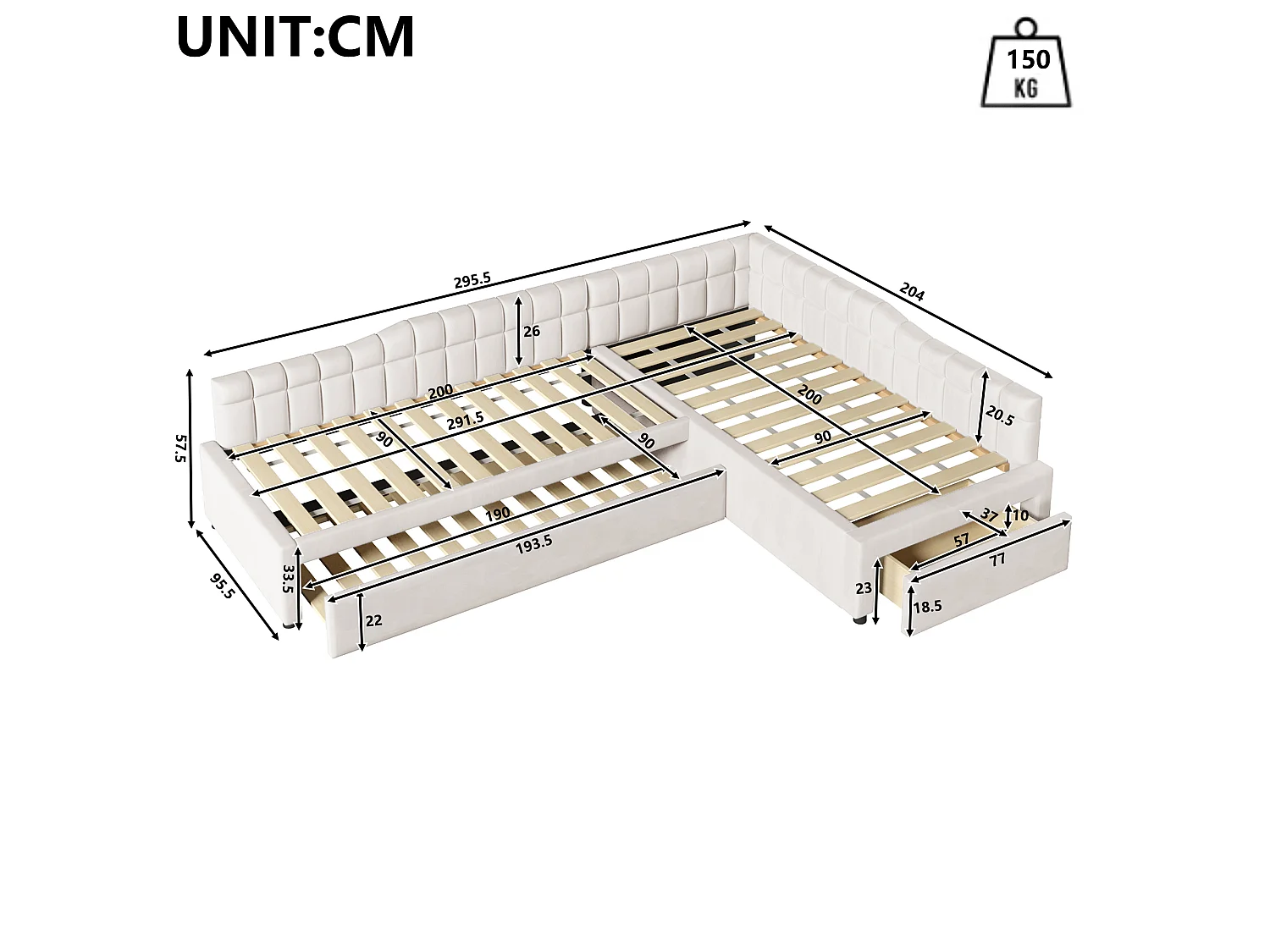 Klädd hörnsäng 90 x 200 cm med 2 sovplatser, utdragbar säng, 1 låda - MDF + Flanell - Beige (Madrass ingår ej)