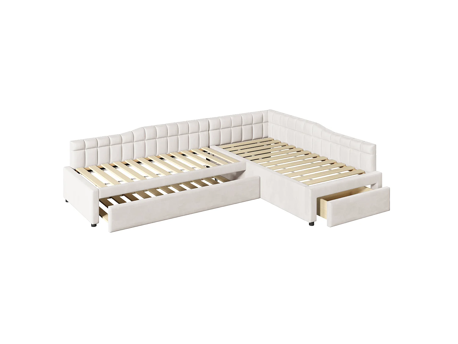 Klädd hörnsäng 90 x 200 cm med 2 sovplatser, utdragbar säng, 1 låda - MDF + Flanell - Beige (Madrass ingår ej)