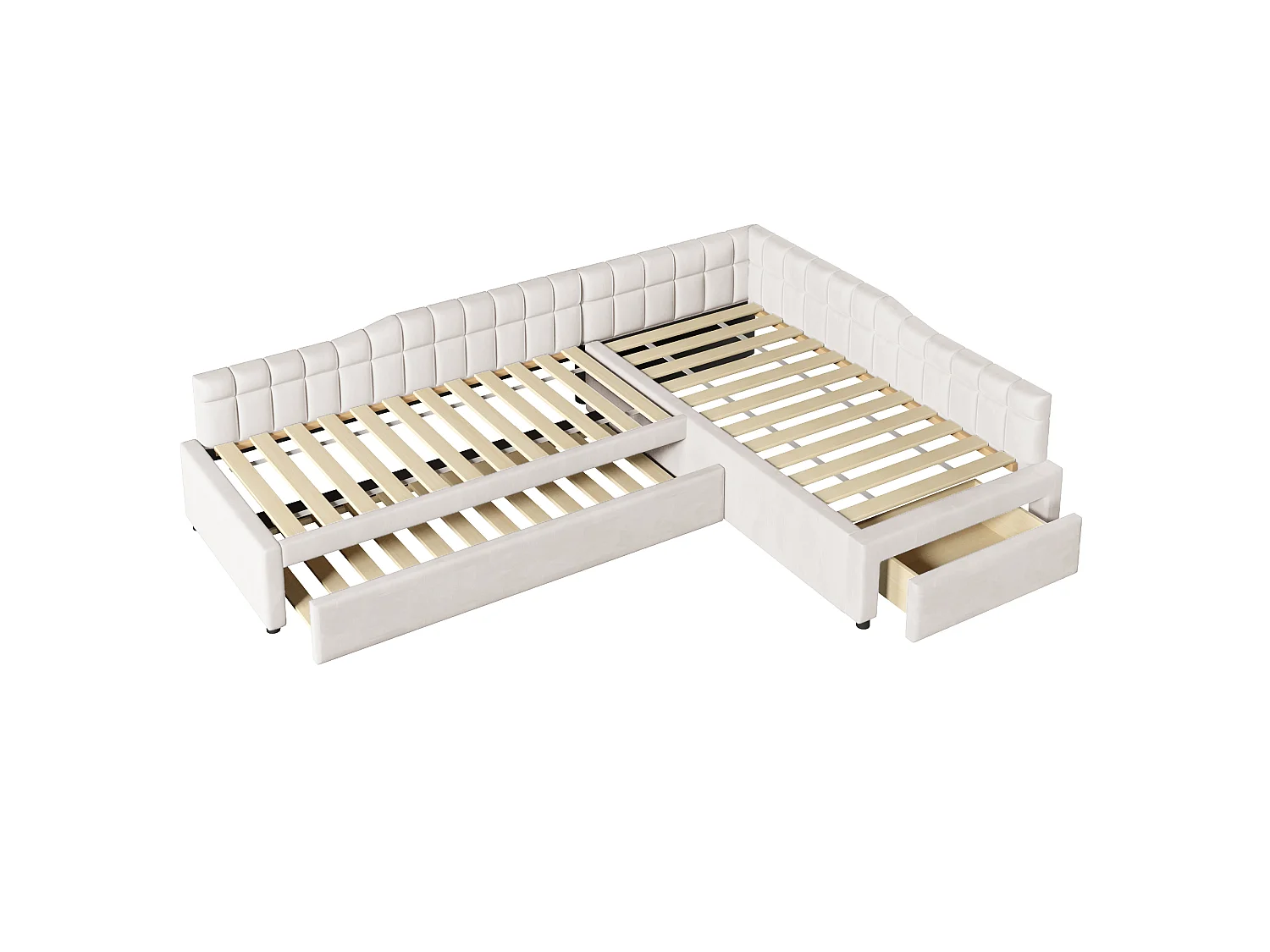 Klädd hörnsäng 90 x 200 cm med 2 sovplatser, utdragbar säng, 1 låda - MDF + Flanell - Beige (Madrass ingår ej)