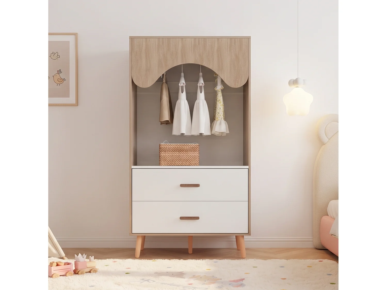 Åben garderobe med bøjleplads, 2 skuffer og ben i massivt træ - MDF - 80 x 46 x 141,5 cm - Hvid og naturtræ
