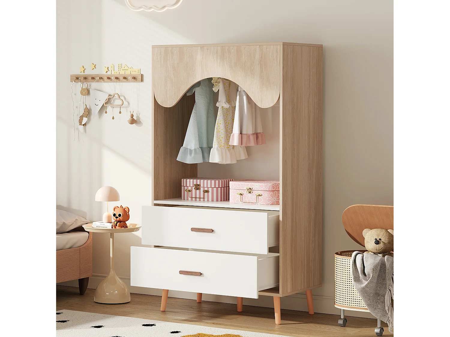 Åben garderobe med bøjleplads, 2 skuffer og ben i massivt træ - MDF - 80 x 46 x 141,5 cm - Hvid og naturtræ