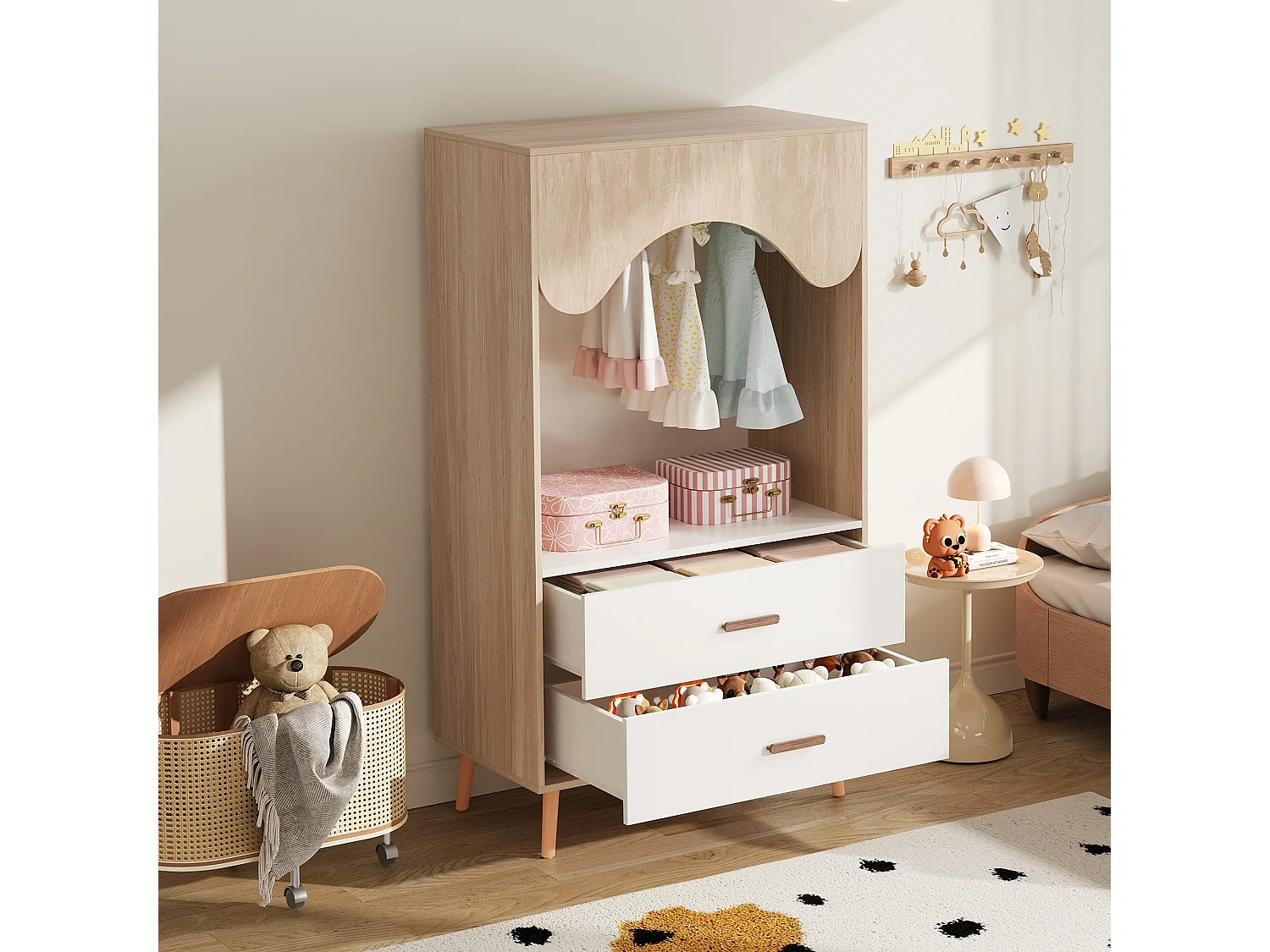 Åben garderobe med bøjleplads, 2 skuffer og ben i massivt træ - MDF - 80 x 46 x 141,5 cm - Hvid og naturtræ