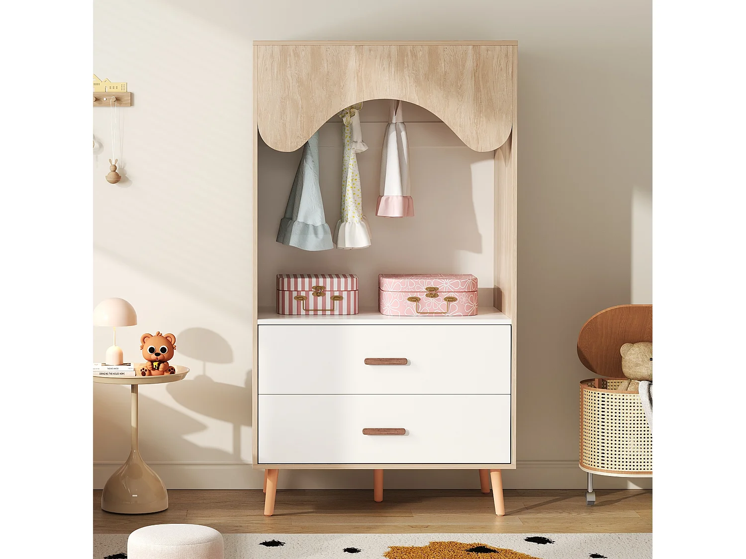 Åben garderobe med bøjleplads, 2 skuffer og ben i massivt træ - MDF - 80 x 46 x 141,5 cm - Hvid og naturtræ