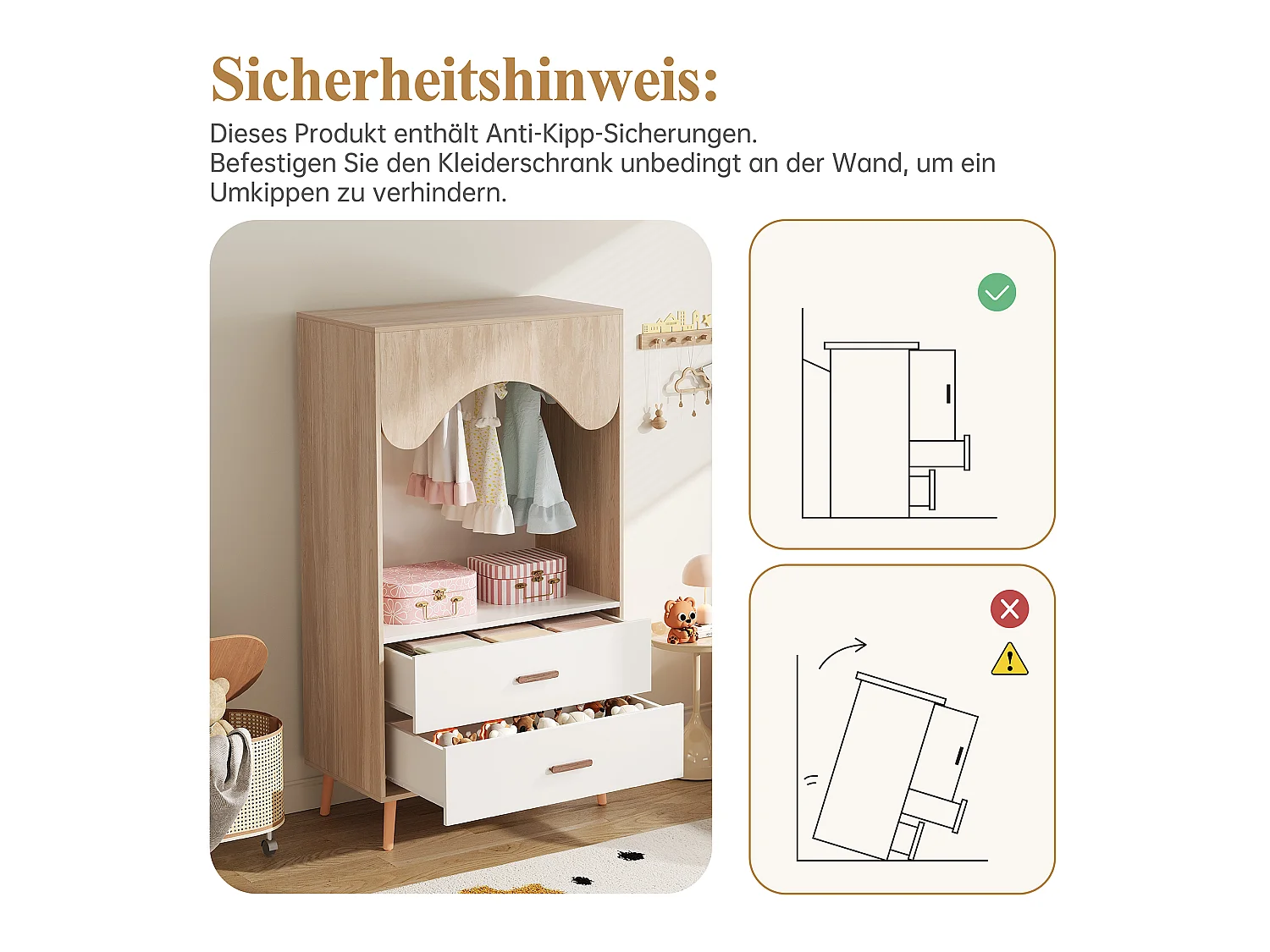 Åben garderobe med bøjleplads, 2 skuffer og ben i massivt træ - MDF - 80 x 46 x 141,5 cm - Hvid og naturtræ