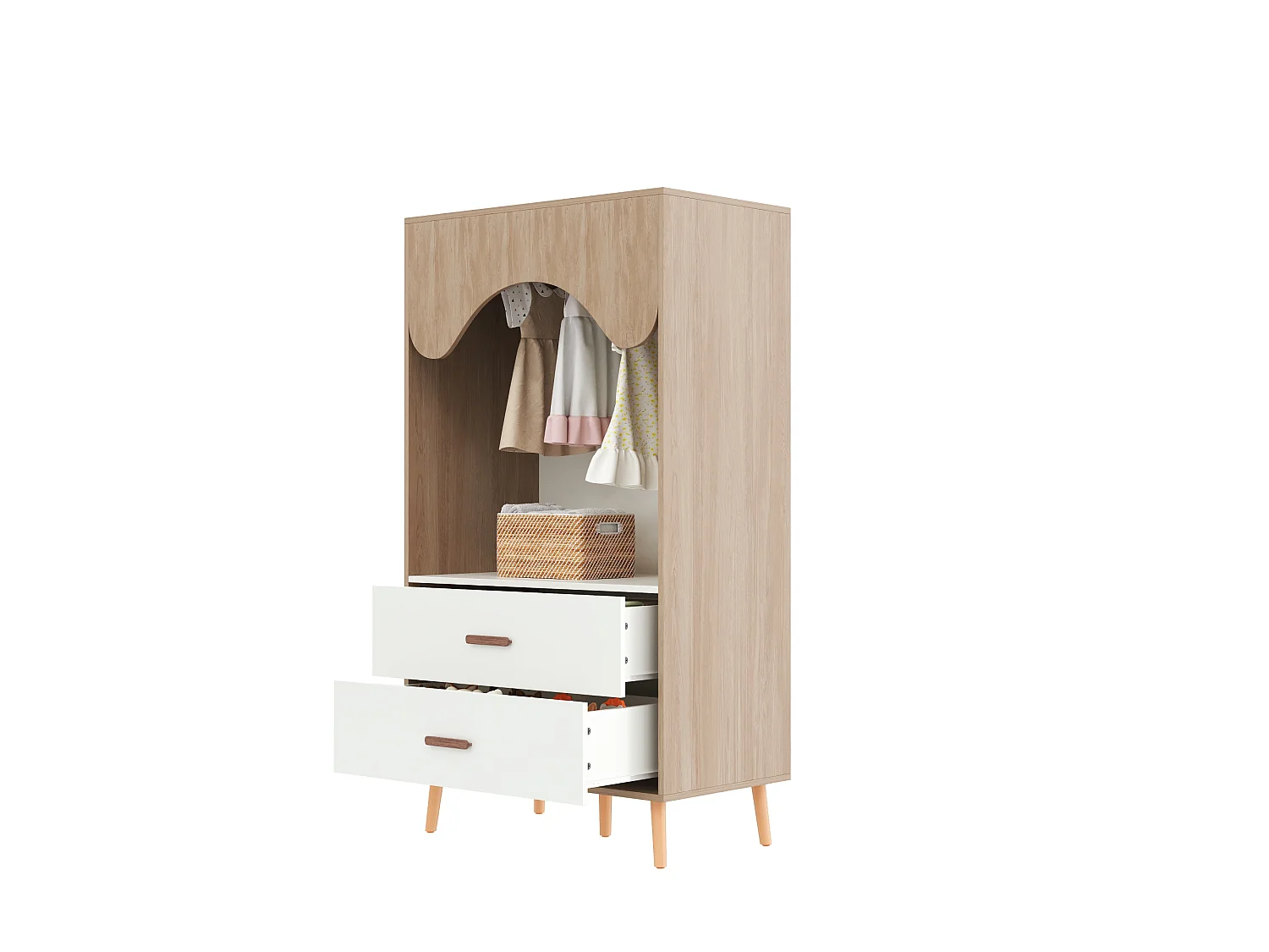 Åben garderobe med bøjleplads, 2 skuffer og ben i massivt træ - MDF - 80 x 46 x 141,5 cm - Hvid og naturtræ