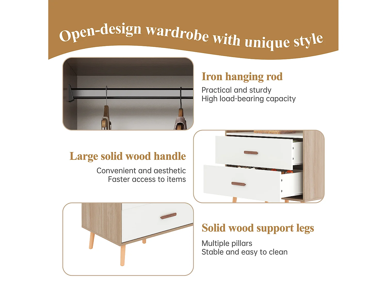 Åben garderobe med bøjleplads, 2 skuffer og ben i massivt træ - MDF - 80 x 46 x 141,5 cm - Hvid og naturtræ