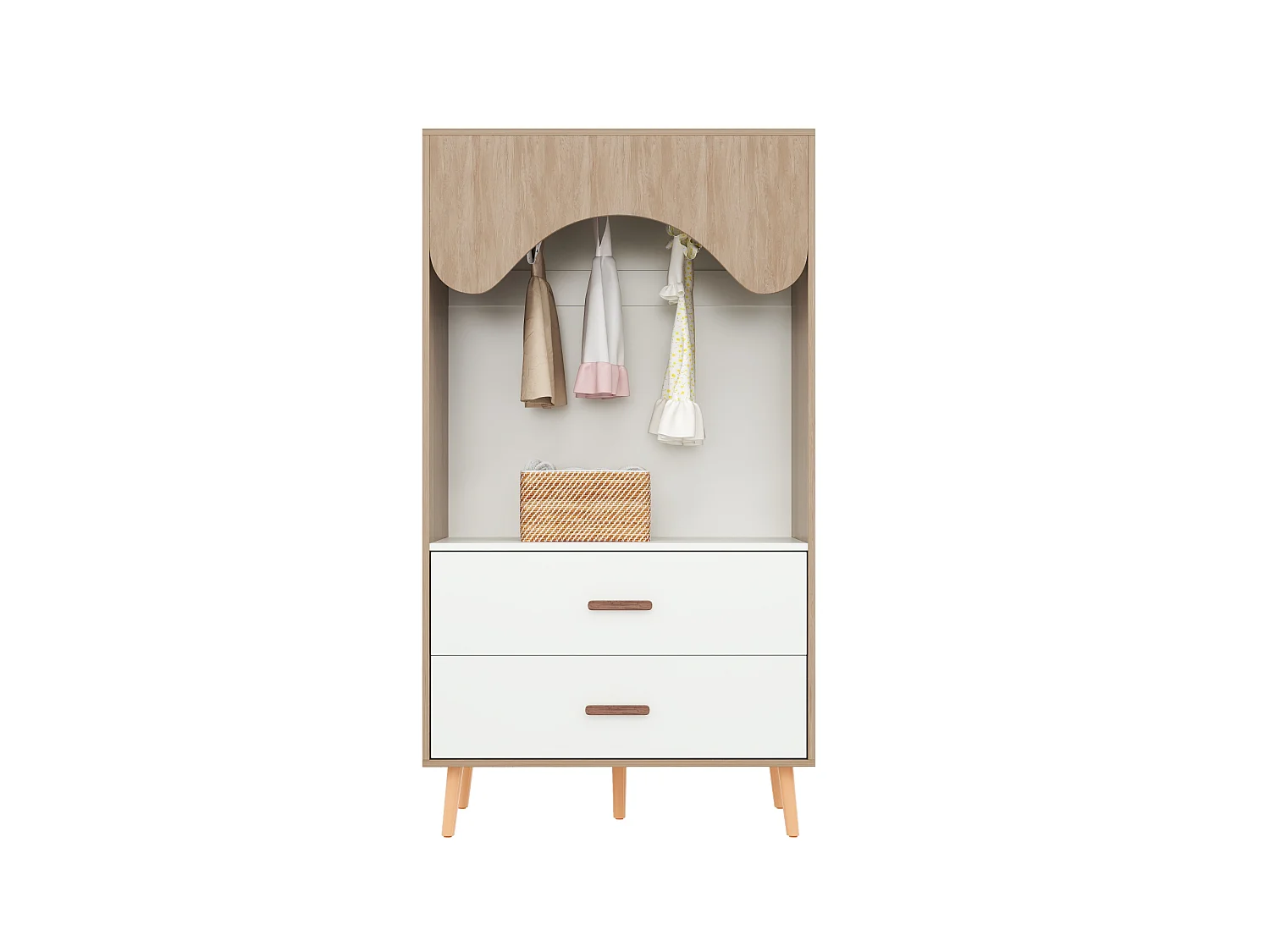 Åben garderobe med bøjleplads, 2 skuffer og ben i massivt træ - MDF - 80 x 46 x 141,5 cm - Hvid og naturtræ