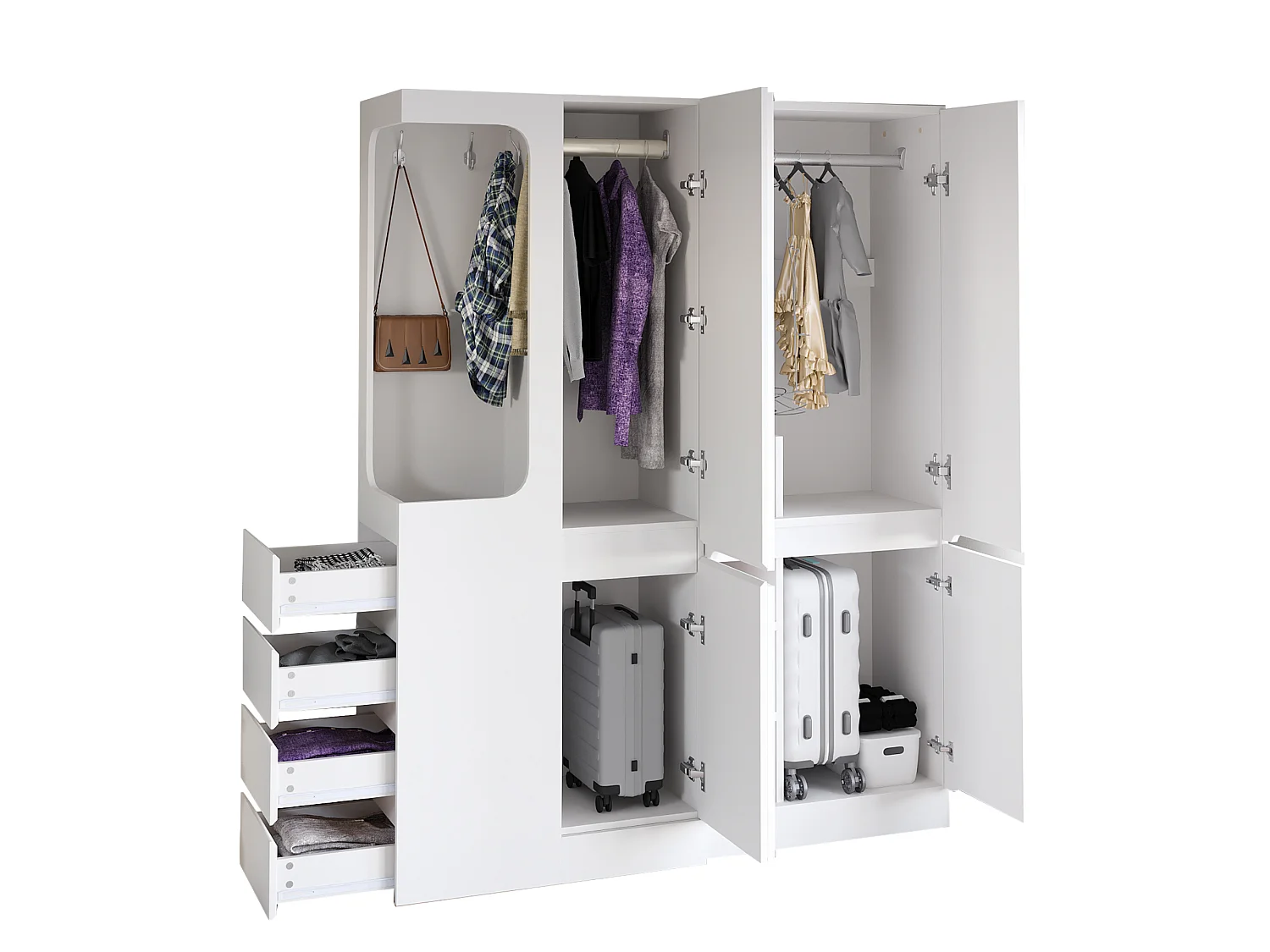 Armoire extra-large avec 4 portes, 4 tiroirs et compartiment ouvert - 140 x 40 x 170 cm - Pin + contreplaqué + MDF - Blanc