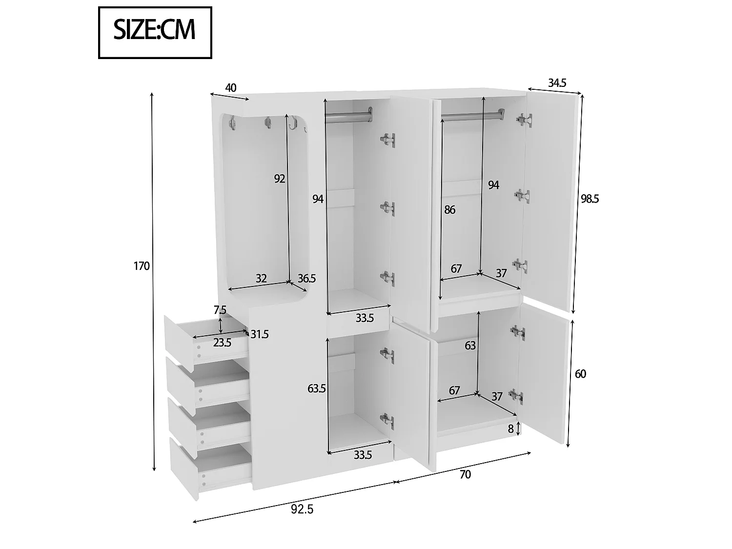 Armoire extra-large avec 4 portes, 4 tiroirs et compartiment ouvert - 140 x 40 x 170 cm - Pin + contreplaqué + MDF - Blanc