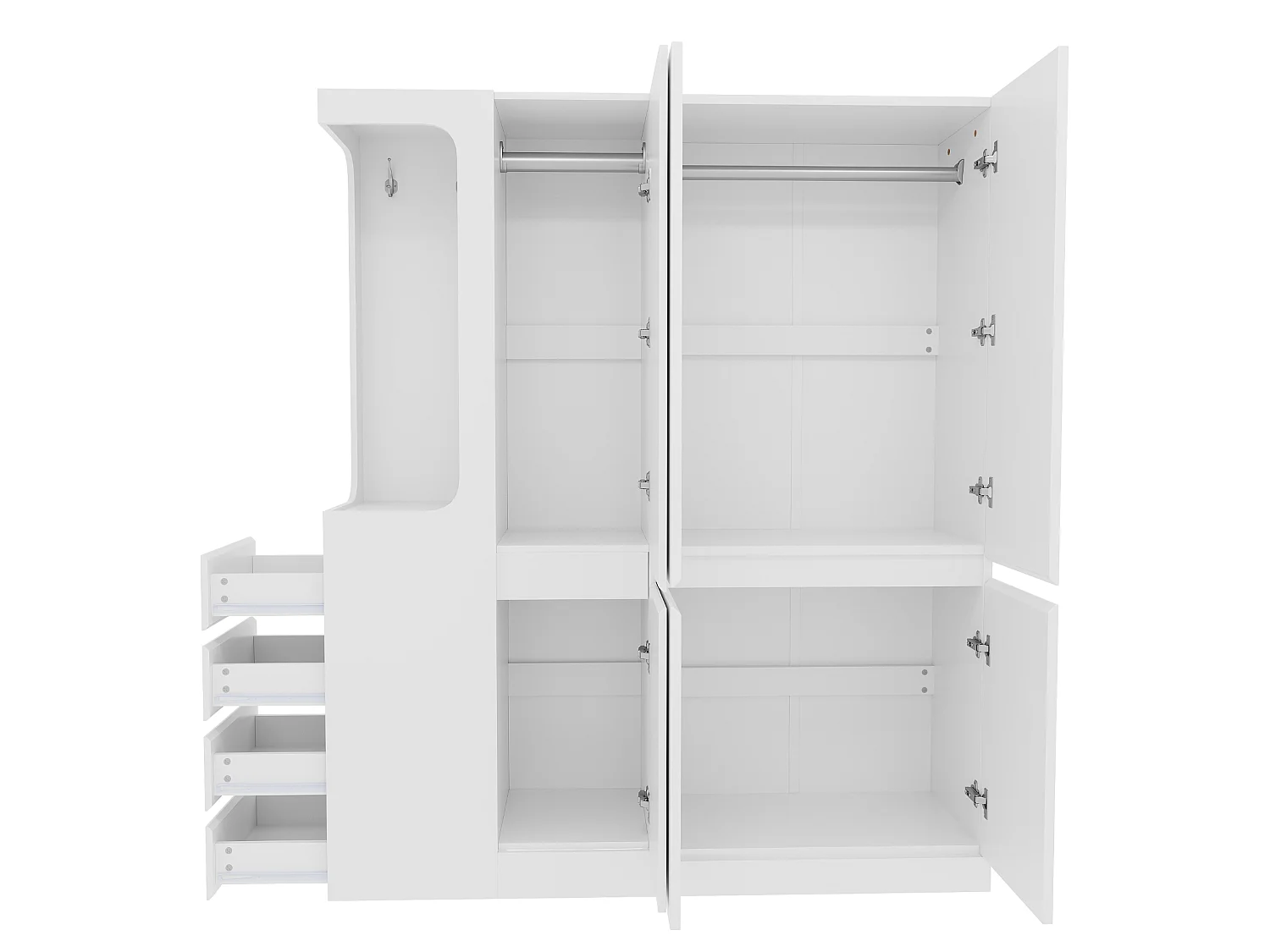 Armoire extra-large avec 4 portes, 4 tiroirs et compartiment ouvert - 140 x 40 x 170 cm - Pin + contreplaqué + MDF - Blanc