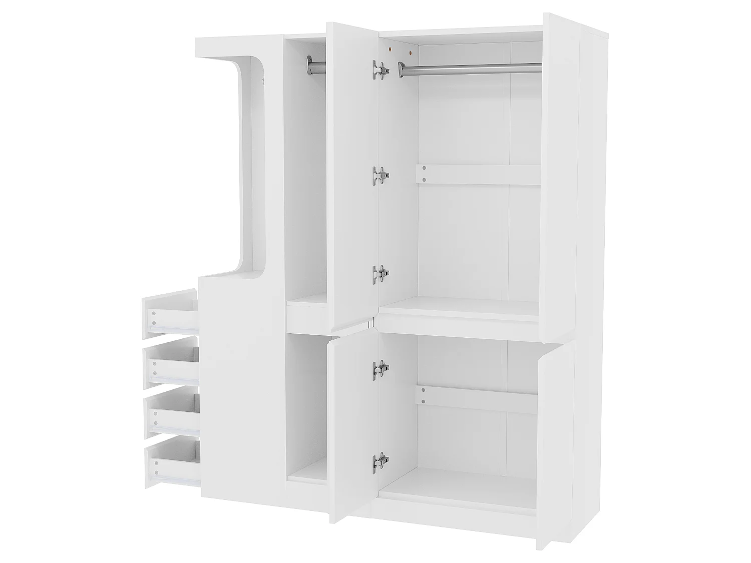 Armoire extra-large avec 4 portes, 4 tiroirs et compartiment ouvert - 140 x 40 x 170 cm - Pin + contreplaqué + MDF - Blanc