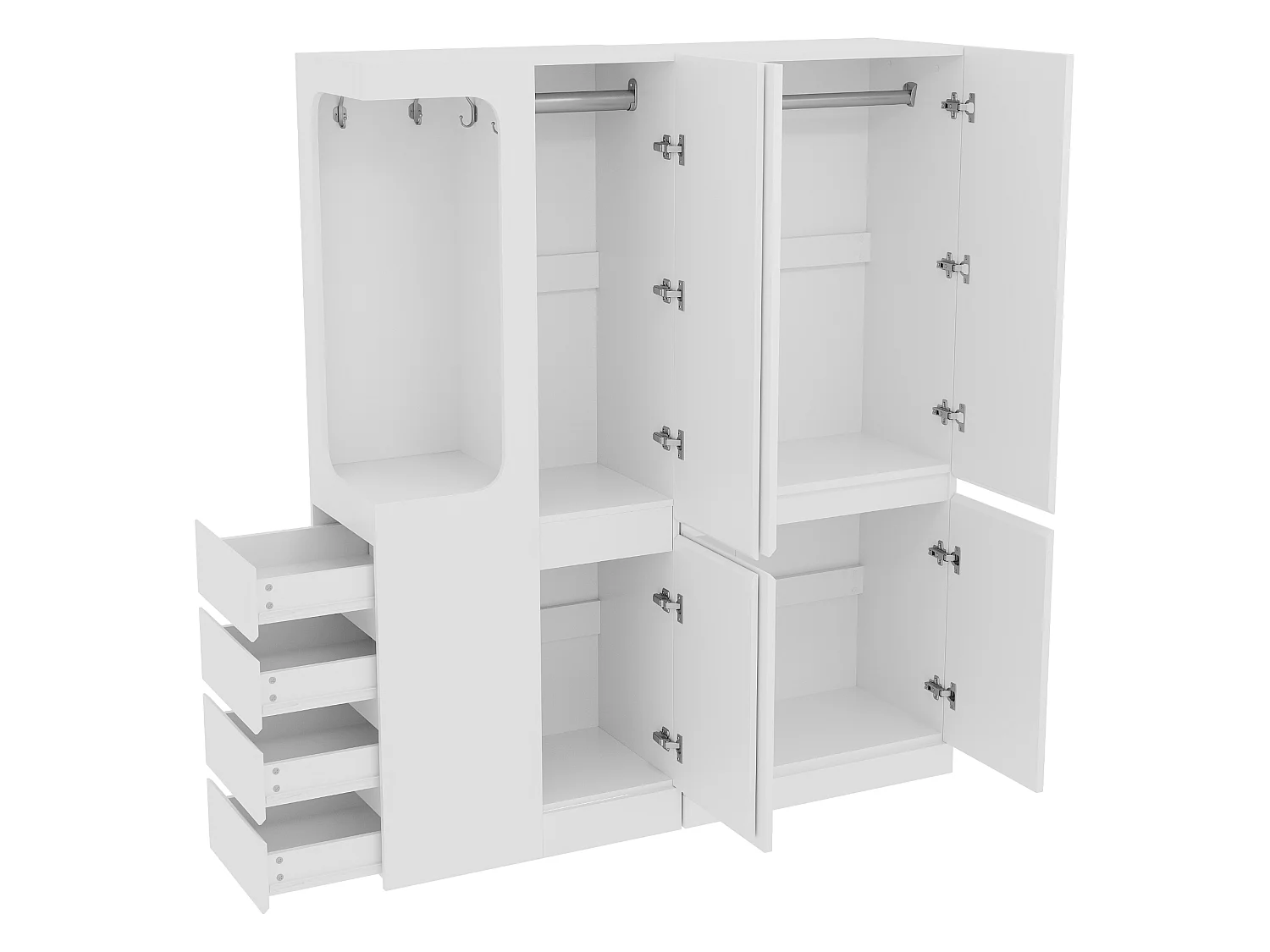 Armoire extra-large avec 4 portes, 4 tiroirs et compartiment ouvert - 140 x 40 x 170 cm - Pin + contreplaqué + MDF - Blanc