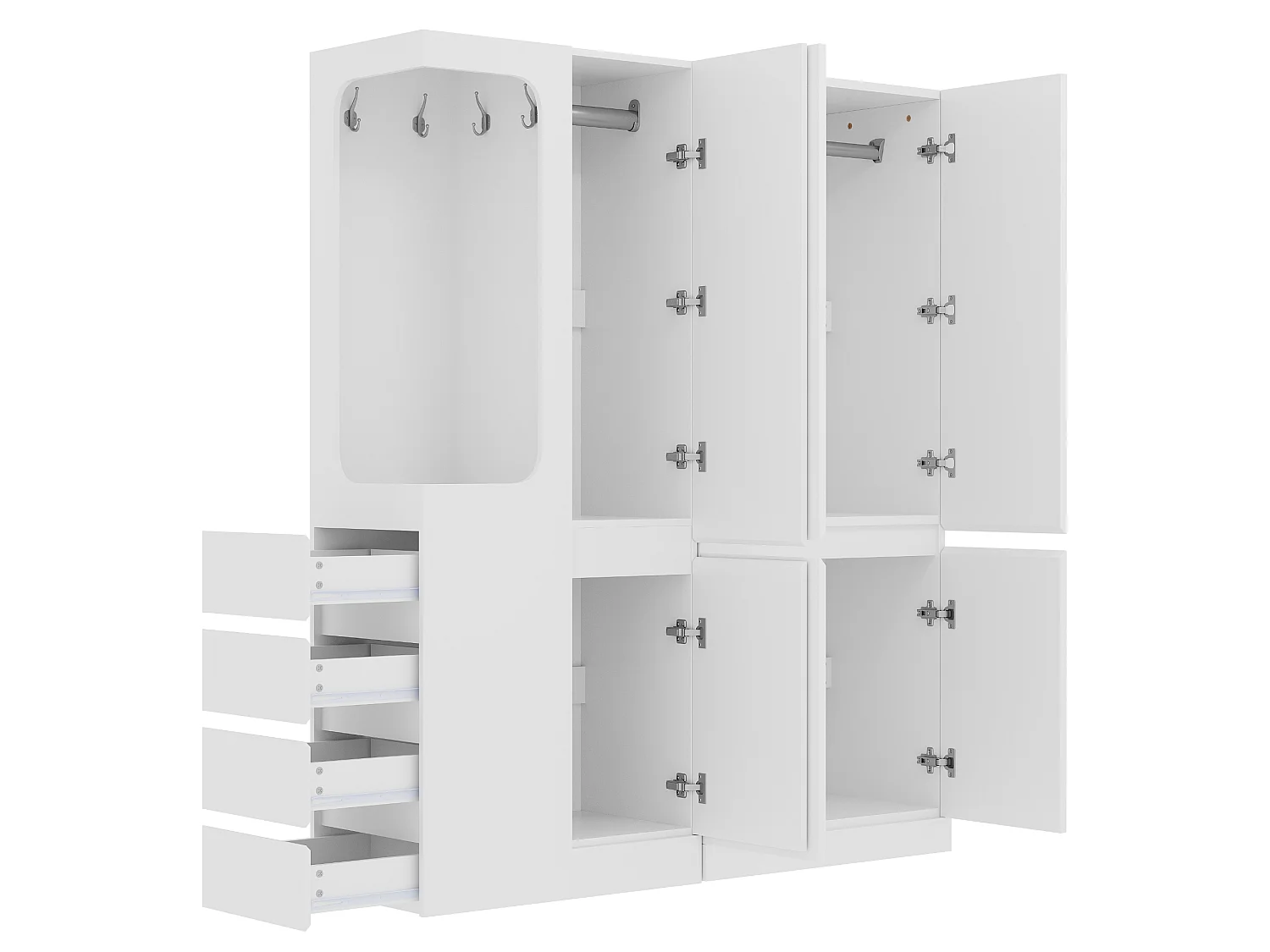 Armoire extra-large avec 4 portes, 4 tiroirs et compartiment ouvert - 140 x 40 x 170 cm - Pin + contreplaqué + MDF - Blanc