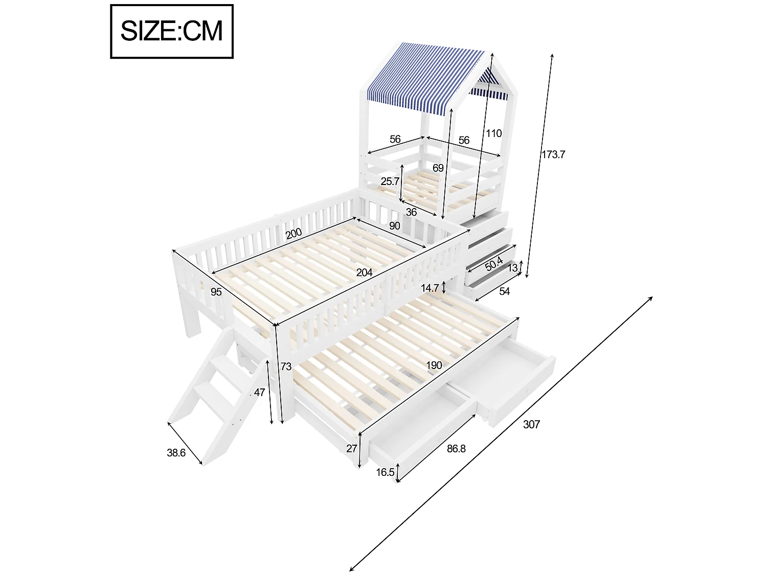 Utdragbar säng 90 x 200 cm + 90 x 190 cm med 6 lådor och trappor - Massivt trä - Vit (Madrass ingår ej)