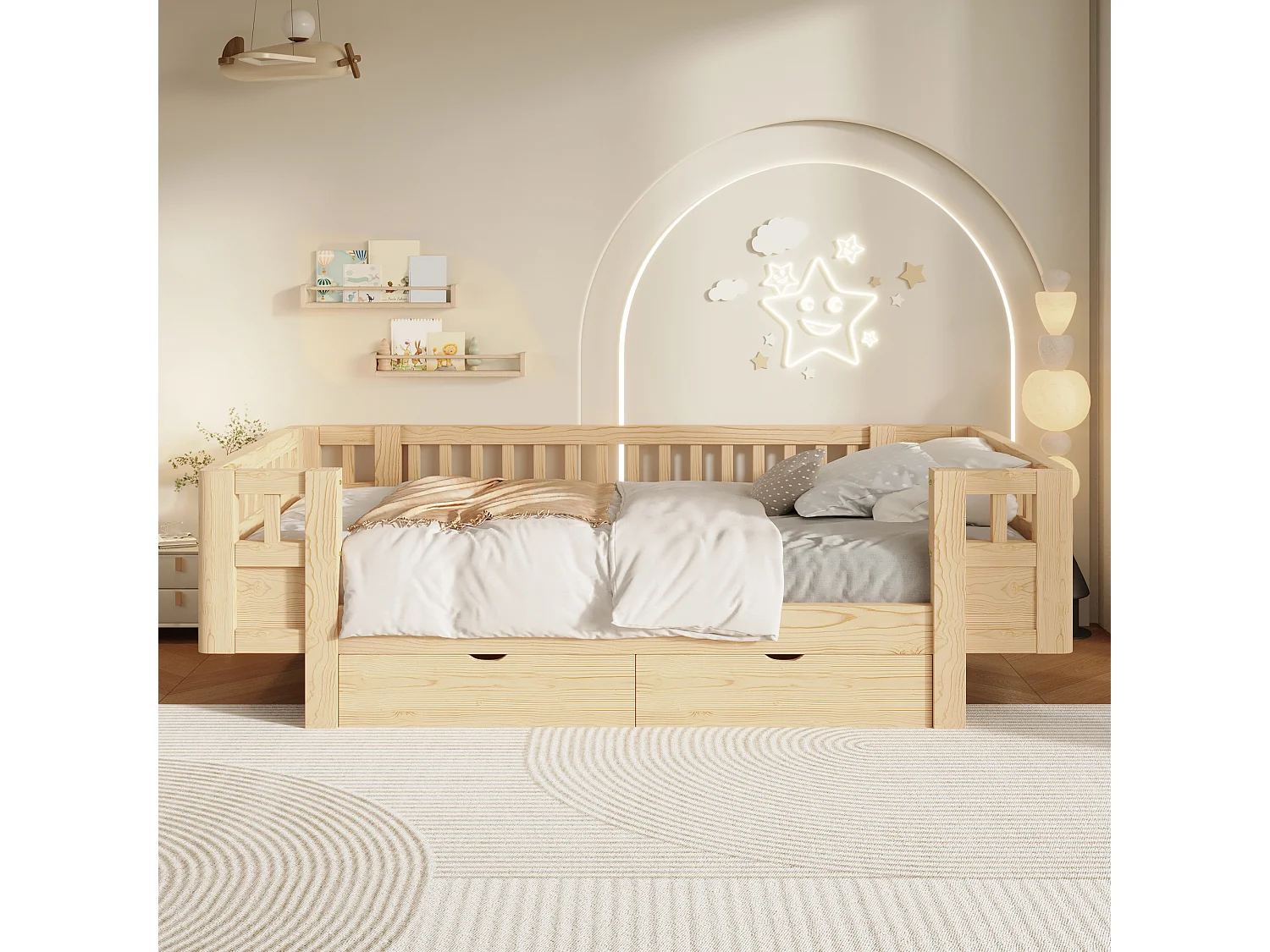 Barnsäng 90 x 200 cm med hög säkerhetsräcke och 2 stora lådor - MDF + furu - Naturträ (Madrass ingår ej)