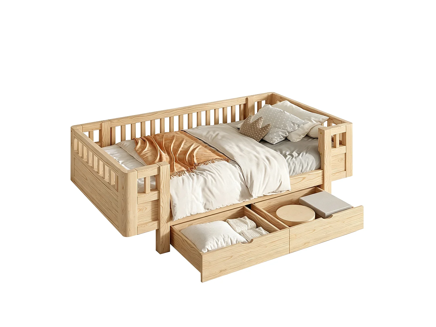 Barnsäng 90 x 200 cm med hög säkerhetsräcke och 2 stora lådor - MDF + furu - Naturträ (Madrass ingår ej)