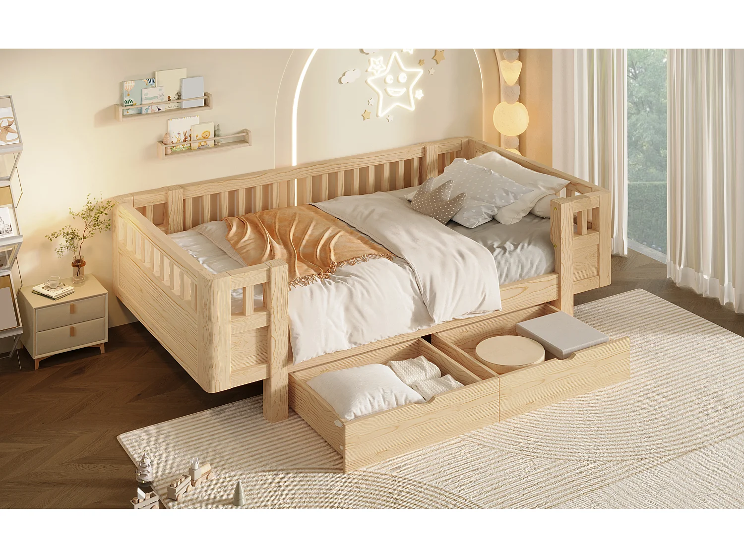 Barnsäng 90 x 200 cm med hög säkerhetsräcke och 2 stora lådor - MDF + furu - Naturträ (Madrass ingår ej)