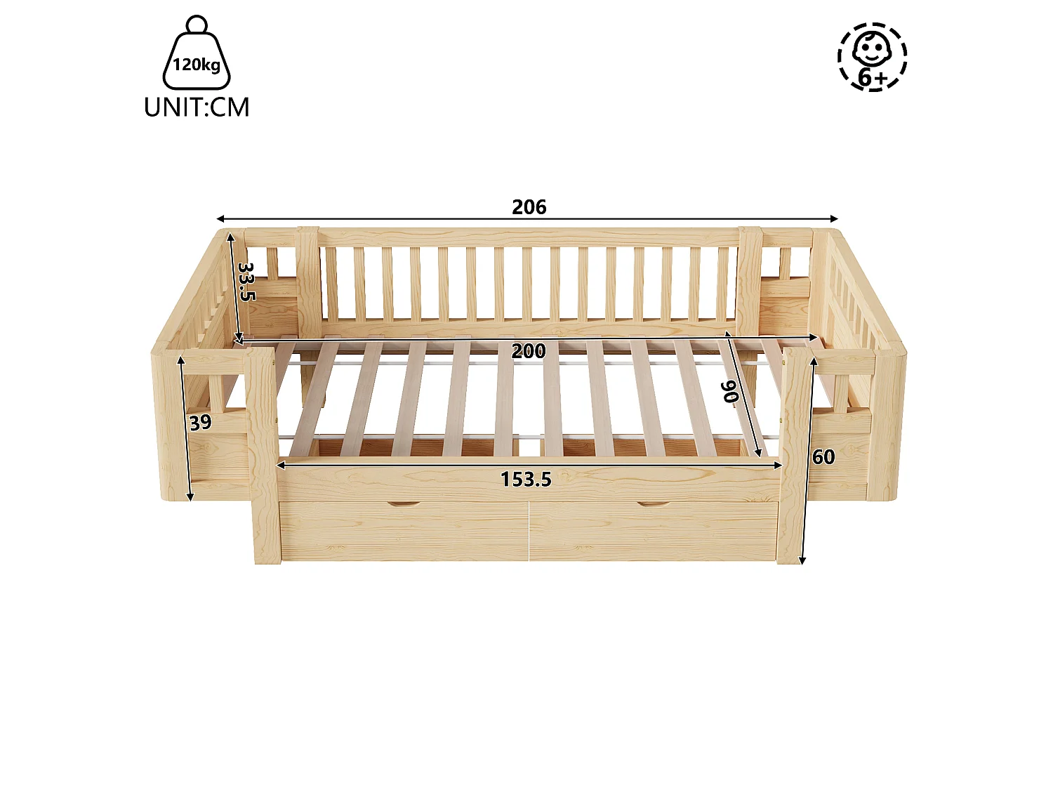 Barnsäng 90 x 200 cm med hög säkerhetsräcke och 2 stora lådor - MDF + furu - Naturträ (Madrass ingår ej)