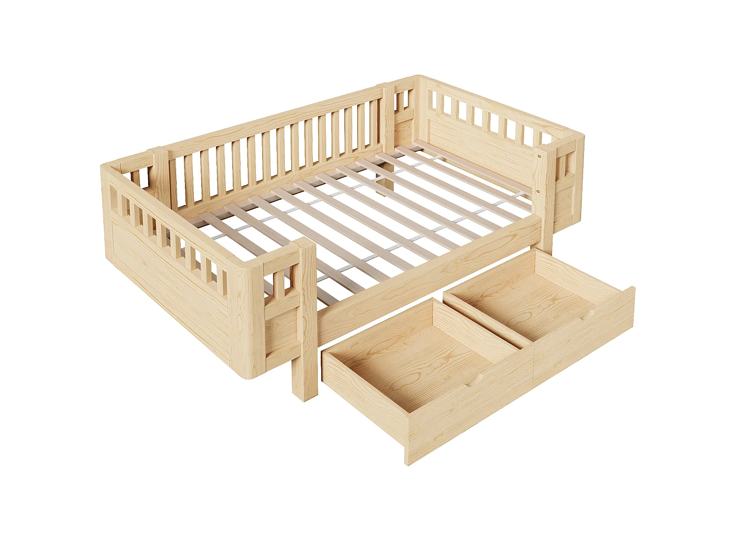 Barnsäng 90 x 200 cm med hög säkerhetsräcke och 2 stora lådor - MDF + furu - Naturträ (Madrass ingår ej)
