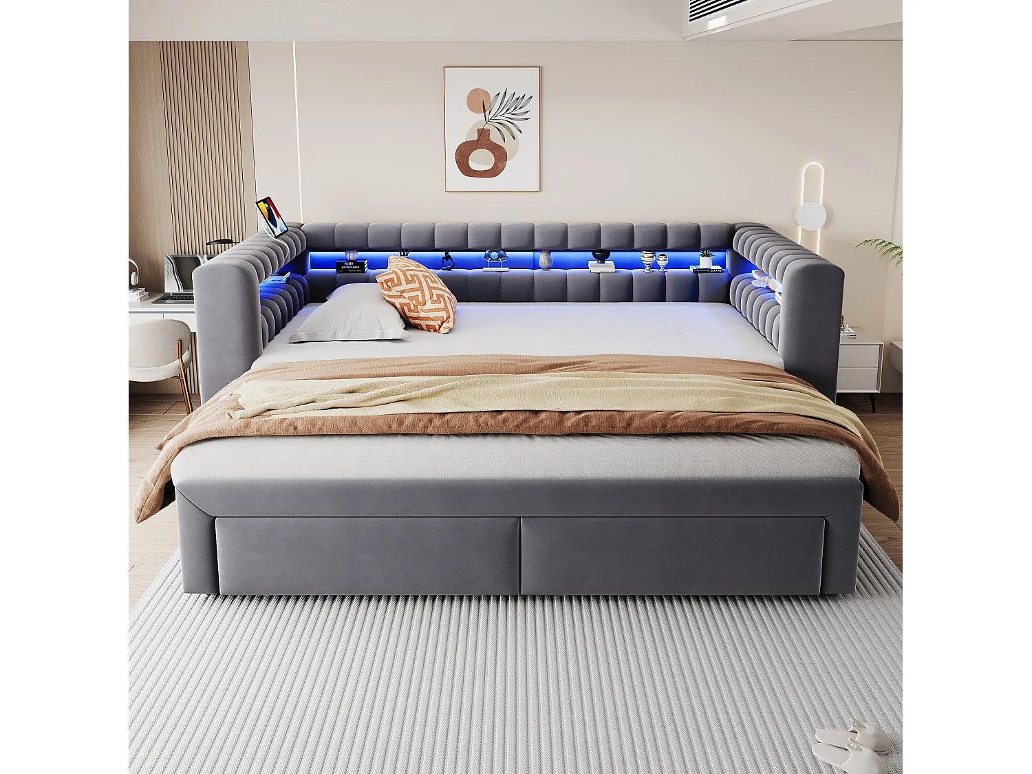 Lit gigogne capitonné 90 x 190 cm extensible 180 x 190 cm avec rangement, LED et ports USB - Velours + MDF - Gris foncé (Sans matelas)