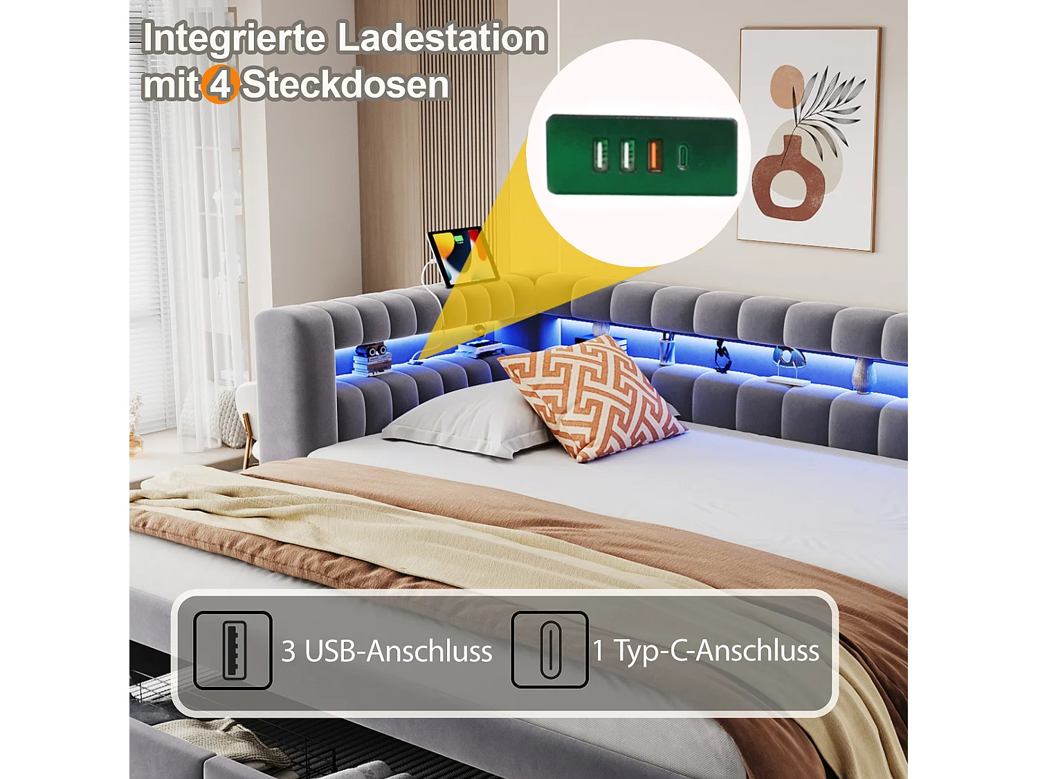 Lit gigogne capitonné 90 x 190 cm extensible 180 x 190 cm avec rangement, LED et ports USB - Velours + MDF - Gris foncé (Sans matelas)